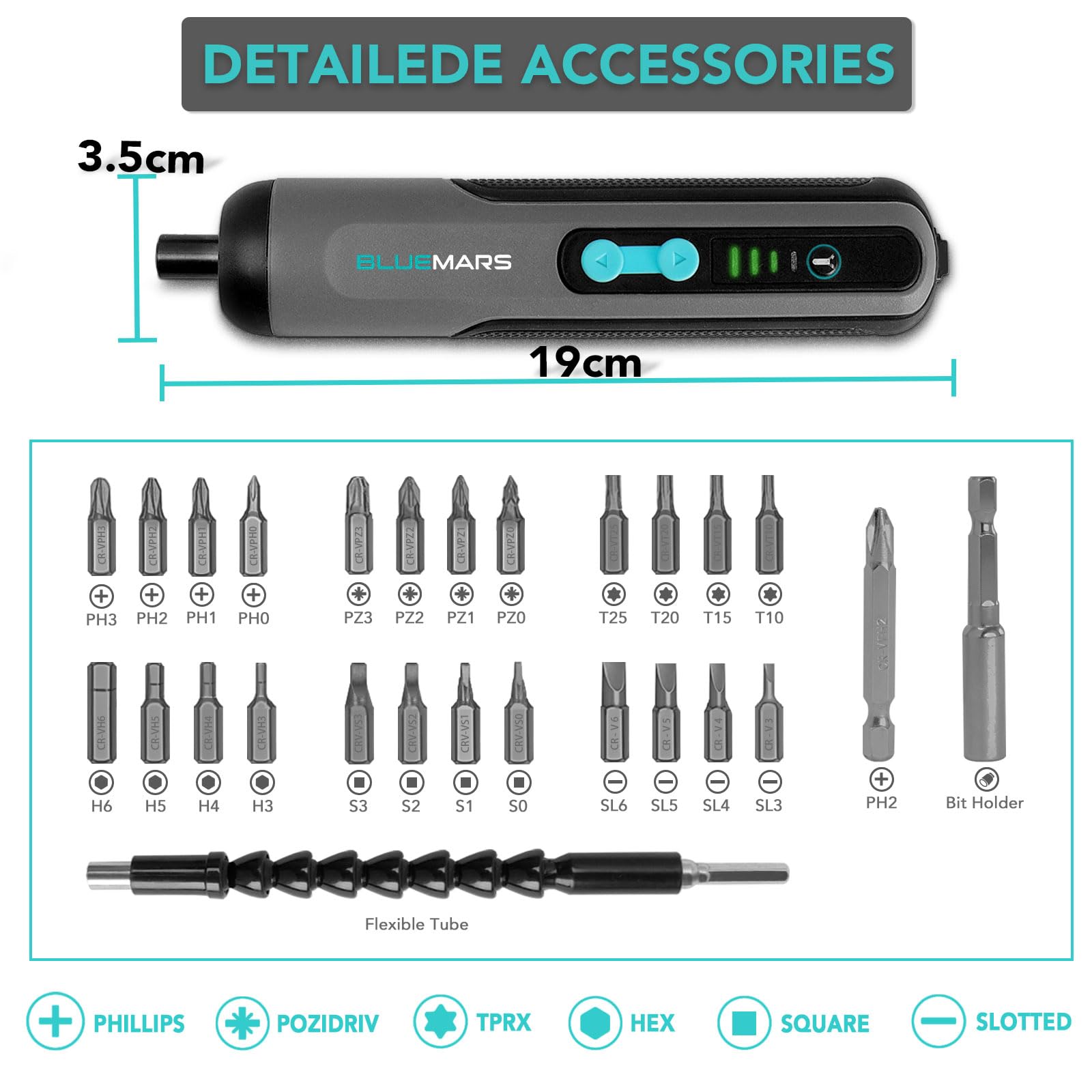 BlueMars Electric Rechargeable Screwdriver Set 3.6V 2AH Cordless Mini