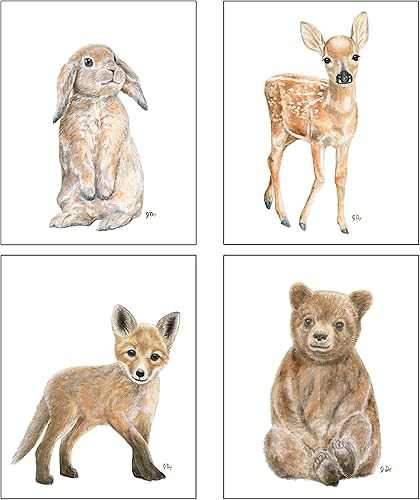 Woodland Animal Nursery Prints Unframed Set of 4, Pick Your Baby Animals and Print Size, Original Watercolor Art Signed By Artist