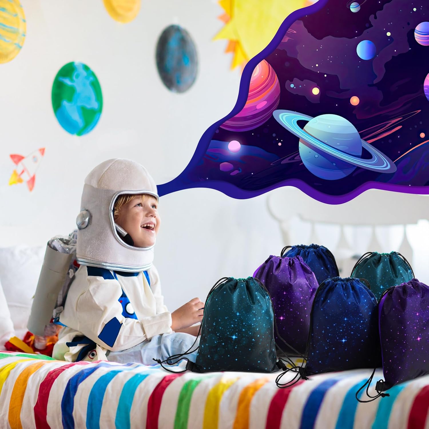 Censen 24 Pcs Starry Sky Drawstring Bags Set Bulk 12 x 10 Inch Waterproof Beach Bags for Girls Boys Kids Starry Galaxy Theme Party Birthday Party Favor Bags Supplies - Image 6