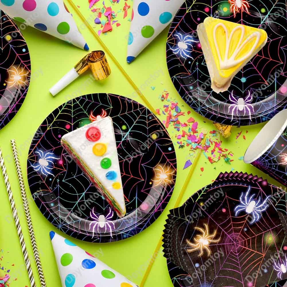 Stoviglie per Feste Halloween,Doyomtoy Ragno Compleanno Decorazioni Piatti di Compleanno, Tazze, Tovaglioli per Bambini Halloween Ragno Decorazioni 20 Ospiti