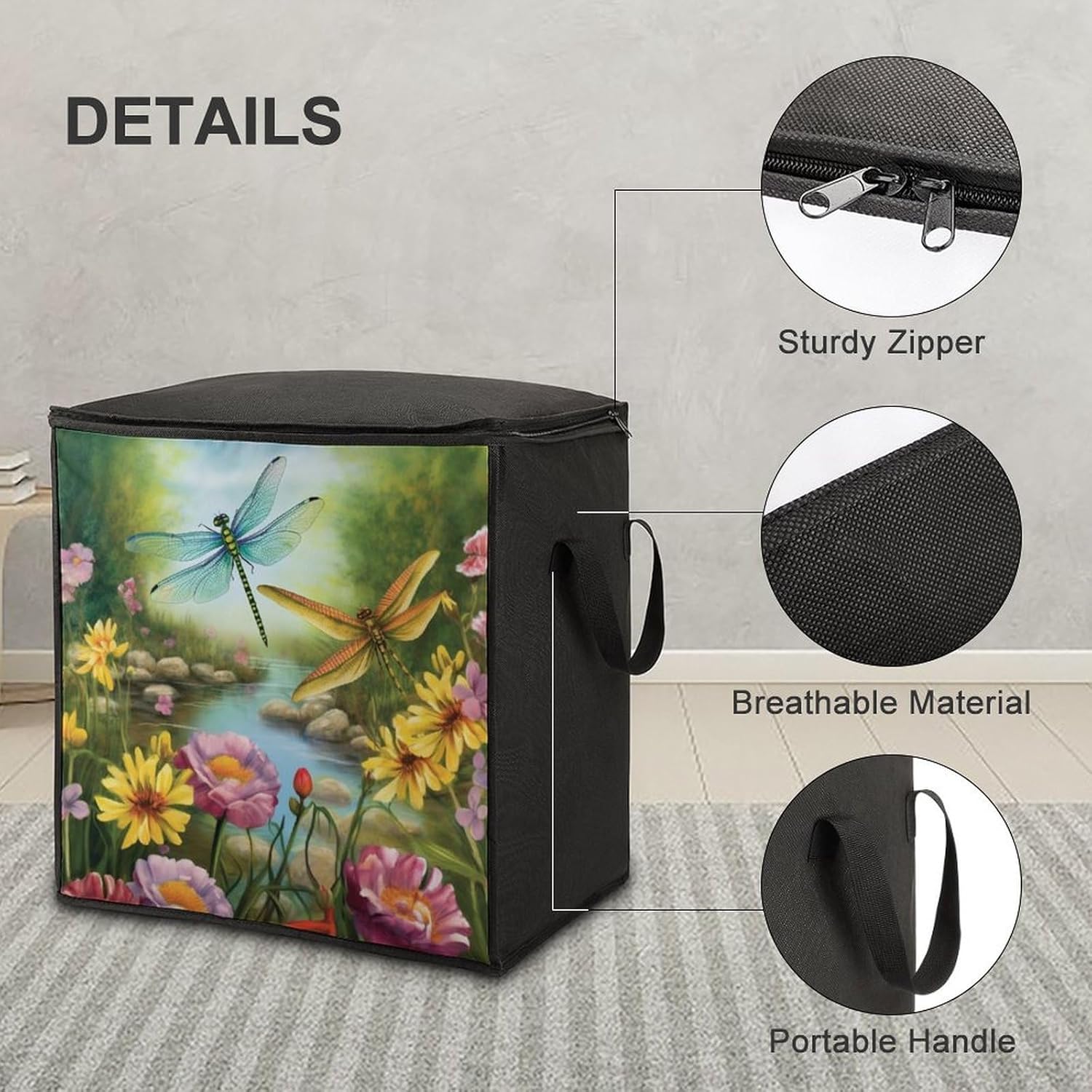 Quilt Storage Bag,Dragonfly Garden Spring Printed Large Foldable Storage Container Portable Travel Storage Bag for Blankets, Quilts, Clothes, Comforter, Bedding And Pillows