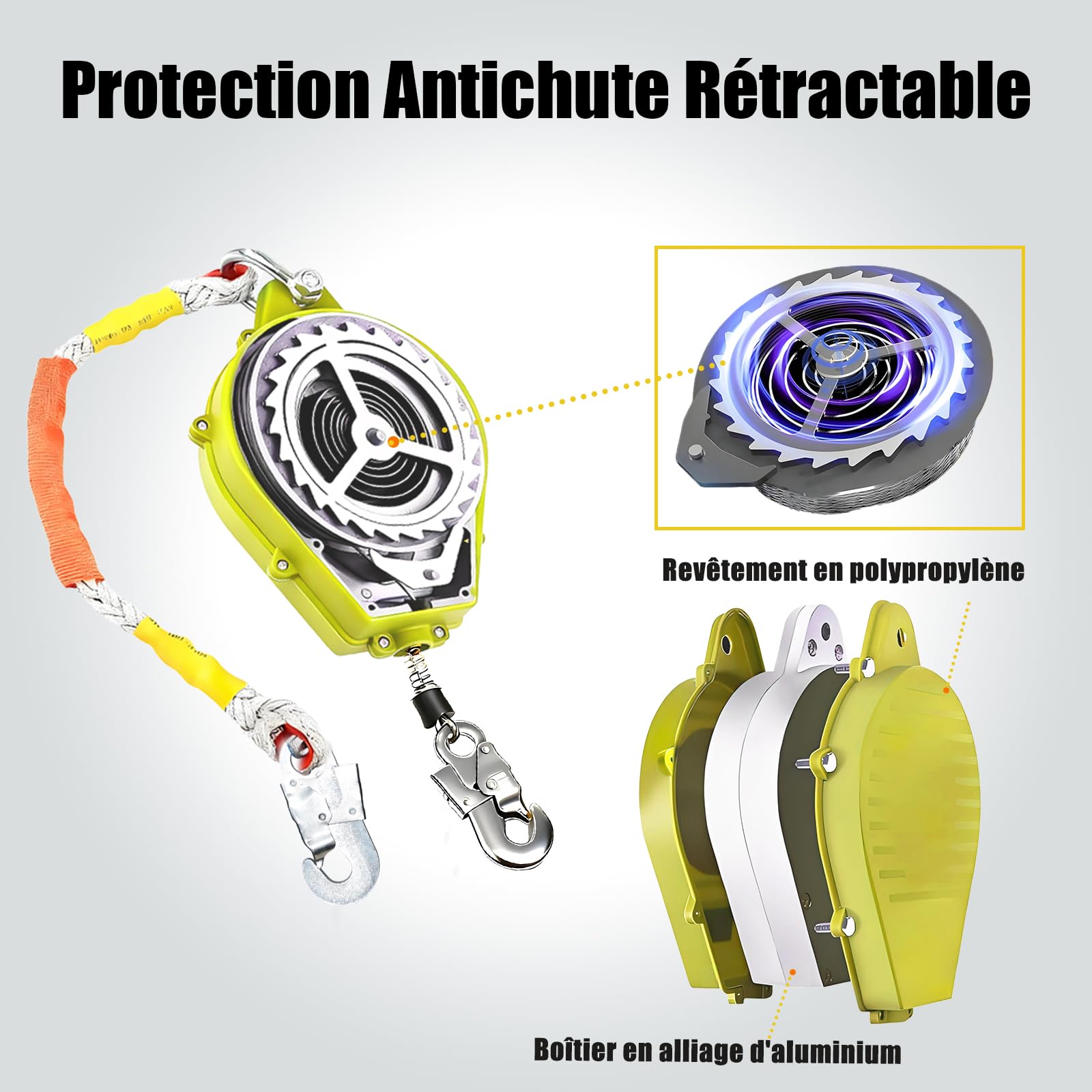 Dispositif Antichute a Rappel Automatique 3-20m, Harnais de Securite Chute Toiture, Stop Chute Toiture à Rappel Automatique Adapté aux Travaux en Hauteur et à l'Escalade(Jaune,10m)