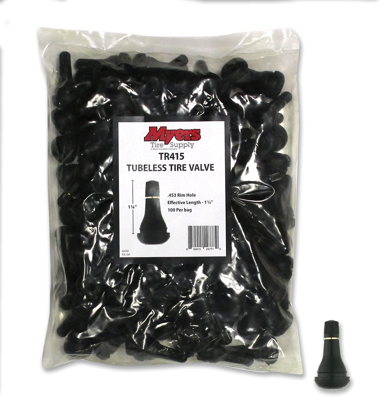 Myers Tire Supply TR415 Snap in Valve Stem for Tubeless Tires, Maximum Air Pressure 65 psi, Fits .625" Rim Holes, Effective Length 1-1/4" Conforms to SAE J1205-J1206 Standards, (100 pcs/Bag)