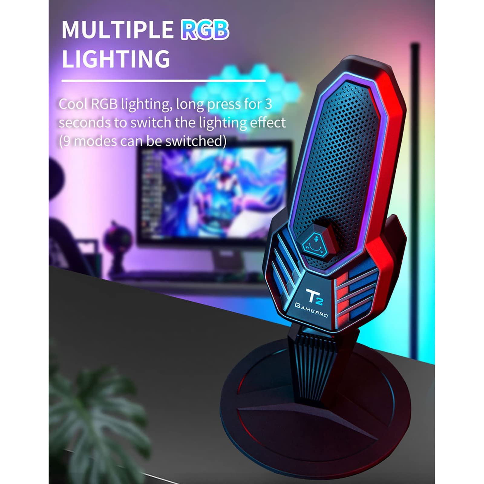 Microfono a Condensatore RGB, Microfono Con Supporto Cardioide USB Da Gioco Con Fantastica Illuminazione RGB, Regolazione Della Rotazione a 360° Per Giochi/streaming/registrazione
