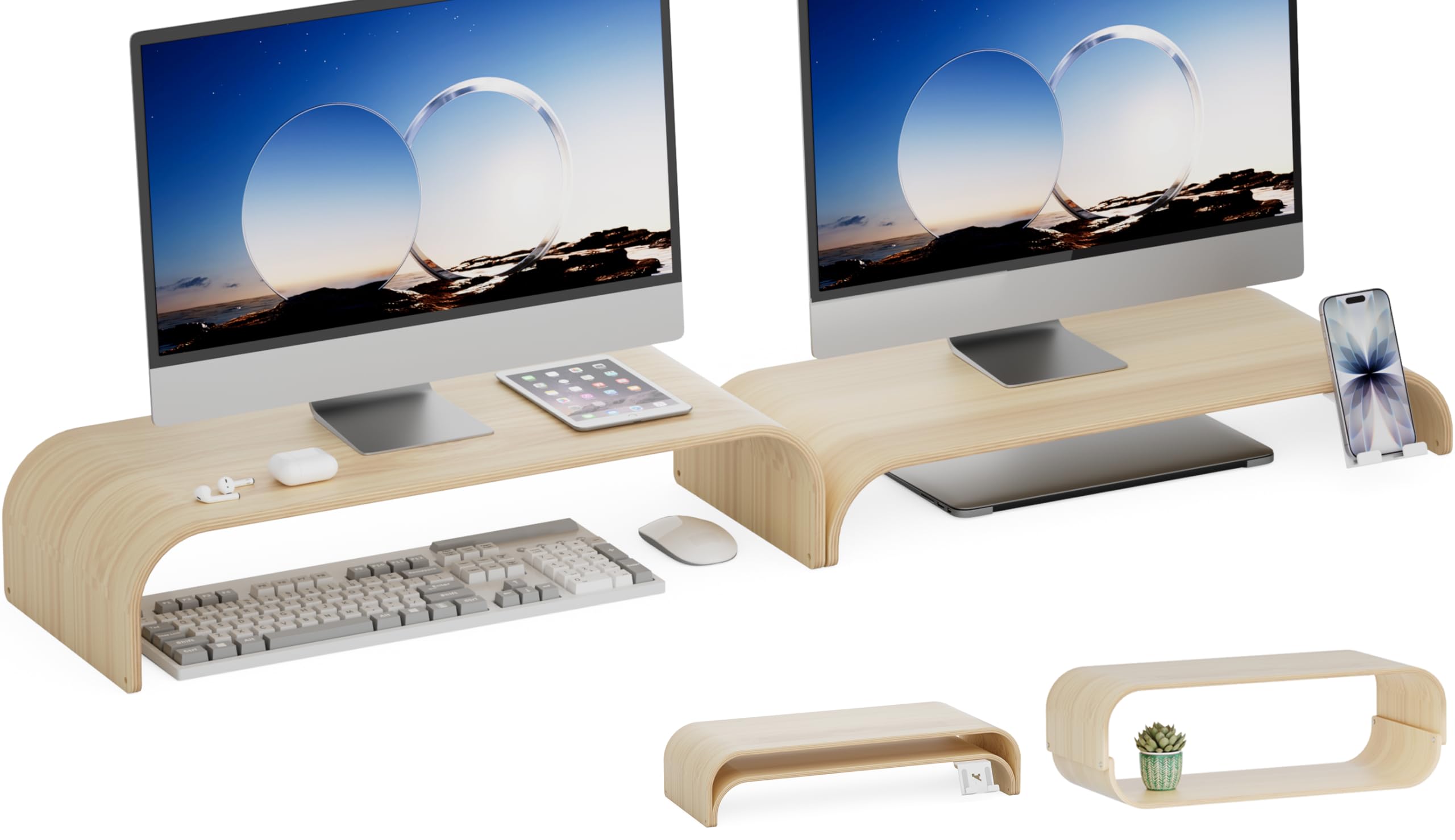 Wood Dual Monitor Stand Riser, 2-Tier Computer Monitor Riser with Phone Holder, Desktop Organizer Shelf for 2 Monitors, Laptop &amp; Printer, No Assembly, Max Load 110lbs, One-Piece Curved Design