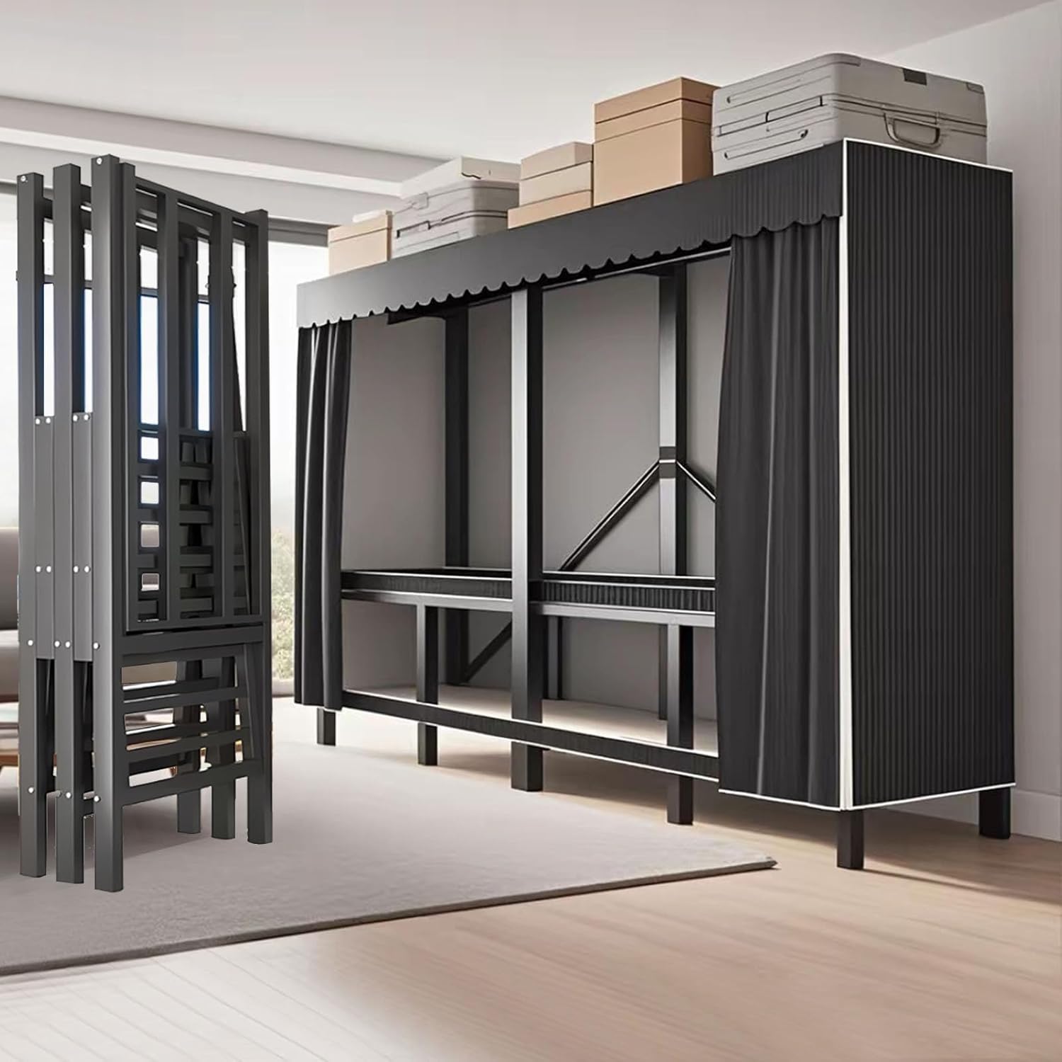 Foldable Portable Closet Wardrobe on Wheel Heavy Duty Metal Clothing Rack with Cover Freestanding Armoire Storage System Rolling Garment Racks for Hanging Clothes (D,Black Cover, 74.8in/190cm)