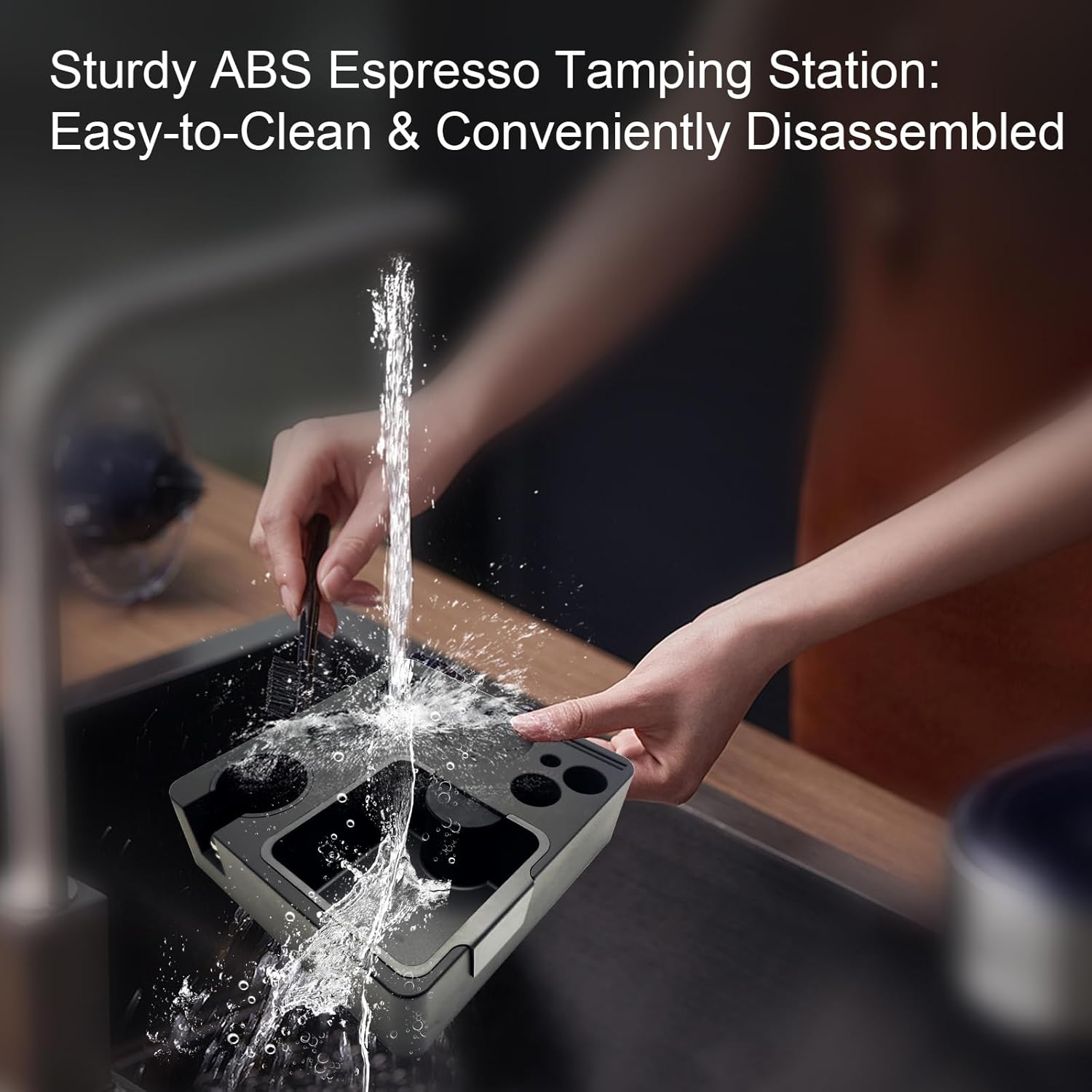 Espresso Knock Box, Espresso Coffee Organizer Box Fit for Storage 51, 54, 58MM Espresso Tamper, Distributor, Portafilter & Puck Screen Accessories, 8 in 1 Plastic Station Base (Square-Black)