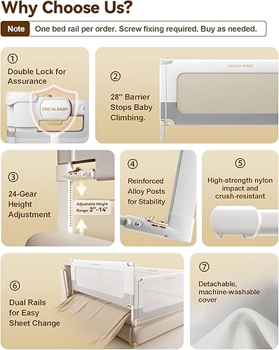 Miniatura 4 de Barandilla protectora para cama de bebé para niños pequeños, rieles reforzados de 78.7 pulgadas para cama Queen, King con altura ajustable,