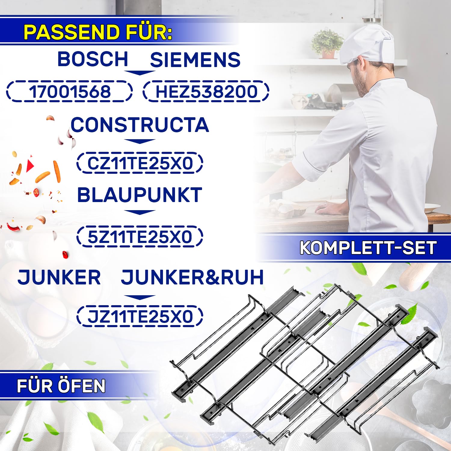 2 Stück Teleskopauszug Backofen 2 Ebenen mit dem Originalcode 17001568 HEZ538200 HZ538200 für Bosch für Siemens CZ11TE25X0 für Constructa JZ11TE25X0 für Junker - Garantie 10 Jahre - MONTERAL