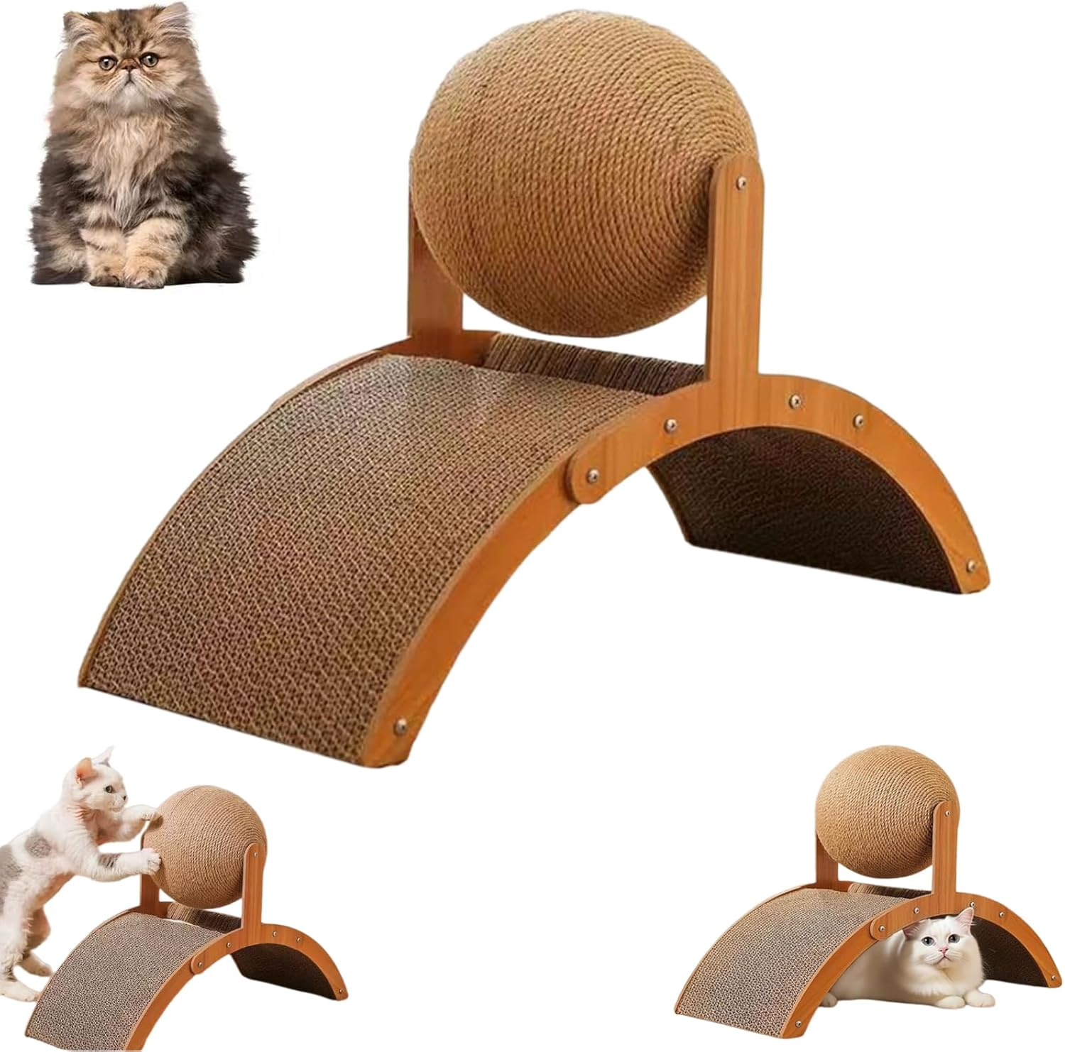 Cat Scratching Ball on Stand, Interactive Cat Scratcher with 360° Rotating Sisal Ball, Cat Scratching Post with Arch Bridge Balls, Cat Scratcher Board for Indoor,Protects Furniture & Rugs (2pcs)
