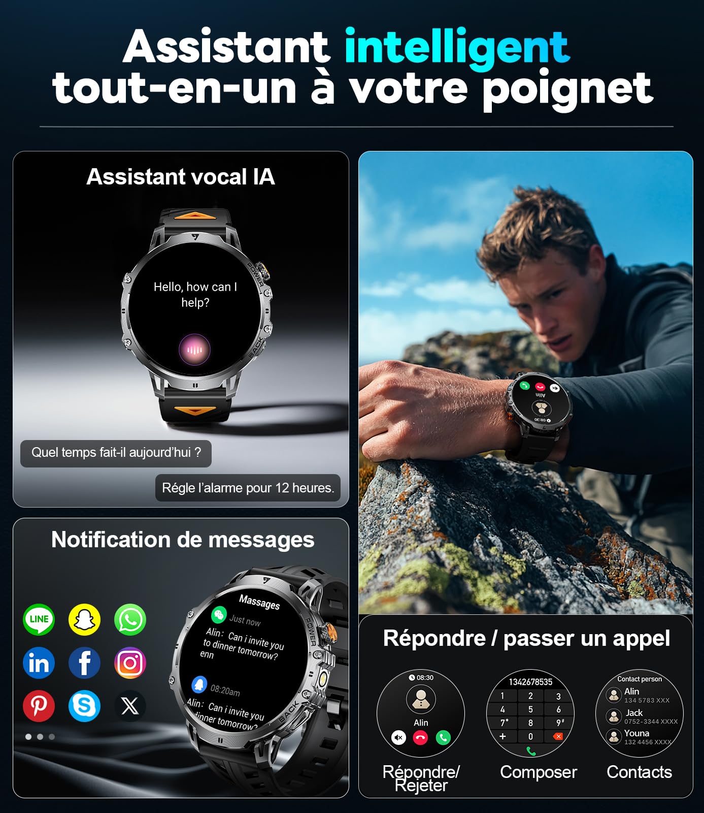 LIGE Montre Connectée Homme 1000 mAh Batterie/1.85'' HD Grand Smartwatch avec LED Lampe,IP68 Étanche Montre Fitness avec 24/7 Fréquence Cardiaque,Moniteur de Sommeil pour Android iOS,3 Bander