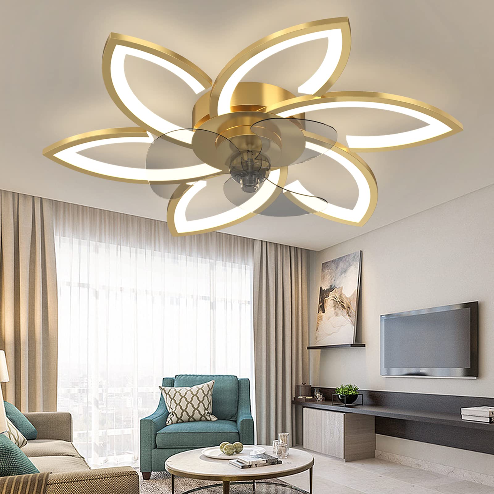 Ventilateur de Plafond avec Lumière LED Moderne, Télécommande/APP, Dimmable, Minuterie, Doré