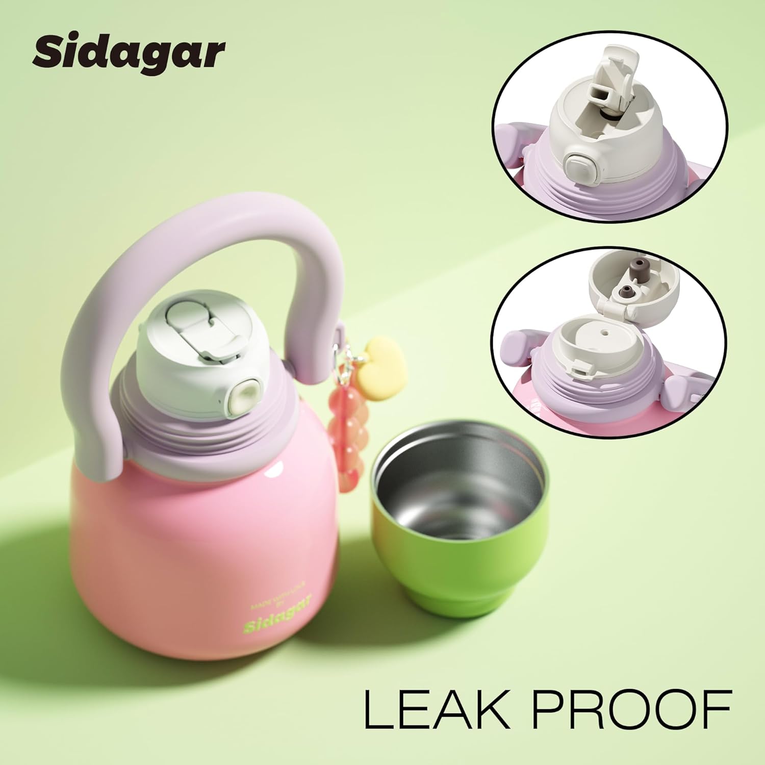 22 oz Water Bottle with Straw and Bowl, Wide Mouth Insulated Stainless Steel Tumbler, Leak-Proof 24H Ice Cold Cute Flask for Women Home & Cozy Vlog; Heart Bracelet Charm Gift, Strawberry Pink