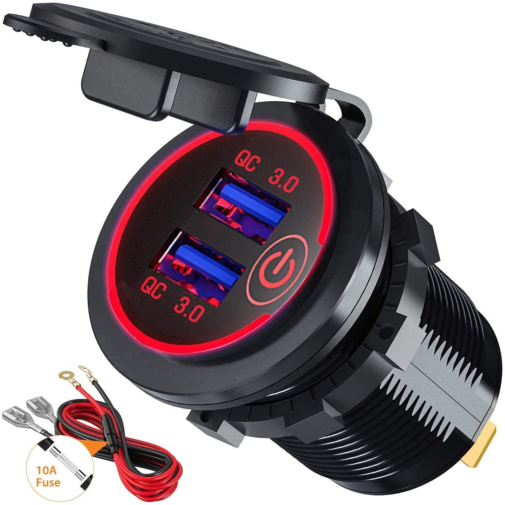 YONHAN 12V USB Outlet, Quick Charge 3.0 Dual USB Charger Socket Outlet 36W 12V/24V Motorcycle USB Car with Touch Switch Fast Charger with 10A Wire Fuse Waterproof for Truck Boat Bus Golf Cart