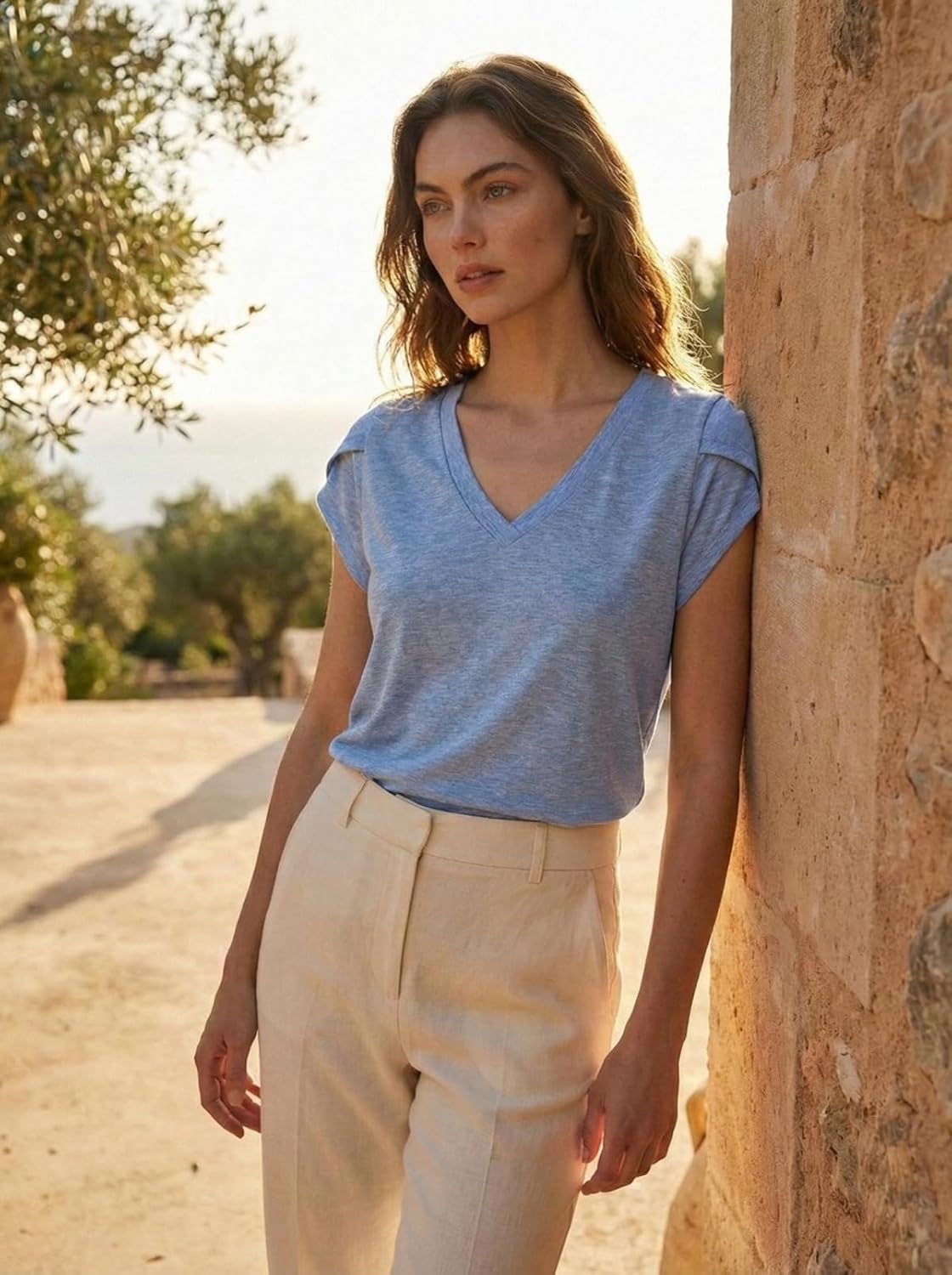 NUKELOLO V Neck Blouses for Women Petal Sleeve Summer Tops Capsule Wardrobe Essentials Dressy Casual Shirt - Image 2