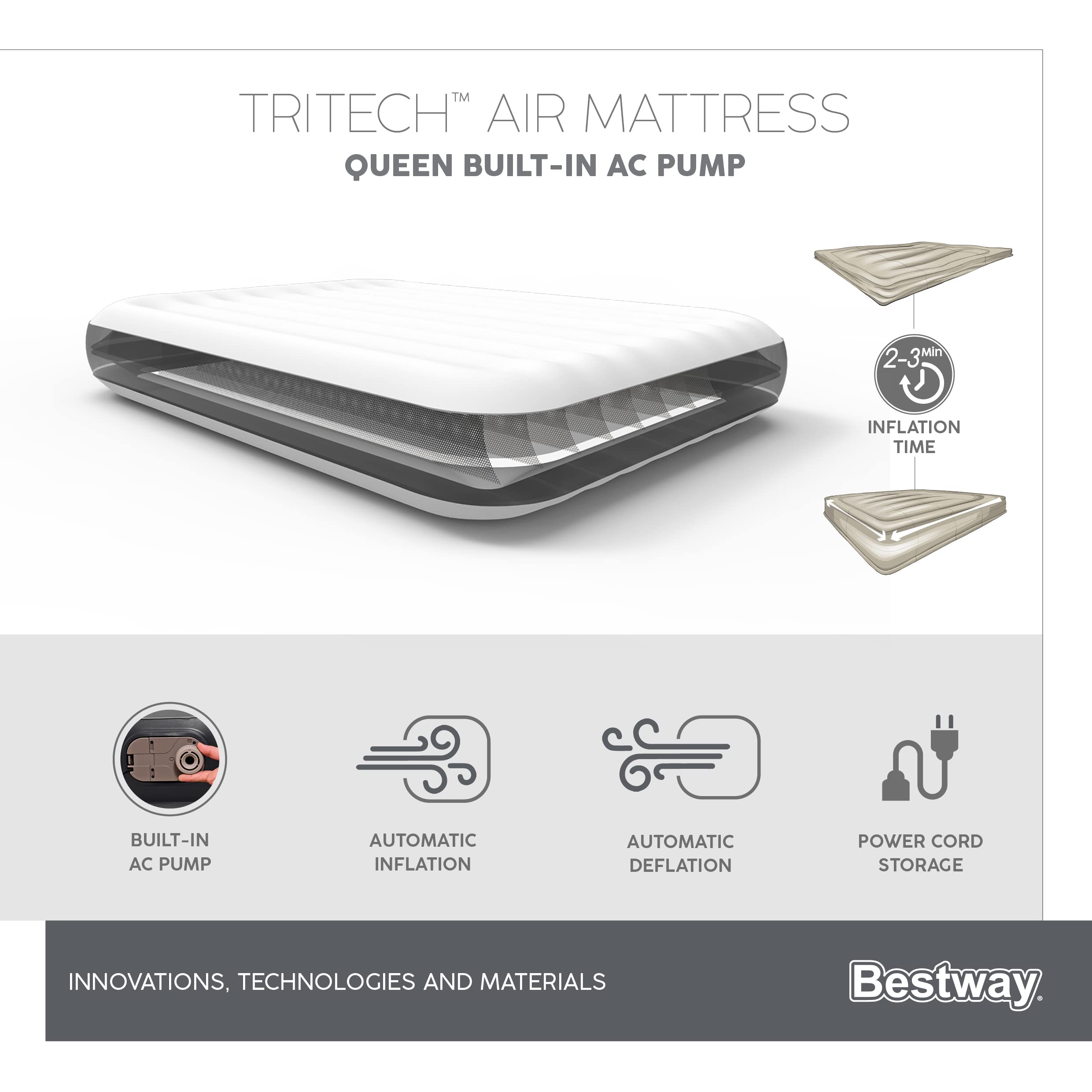 Bestway TriTech Aerolux materac dmuchany ze zintegrowaną pompą elektryczną Double XL/Lo 203 x 152 x 30 cm