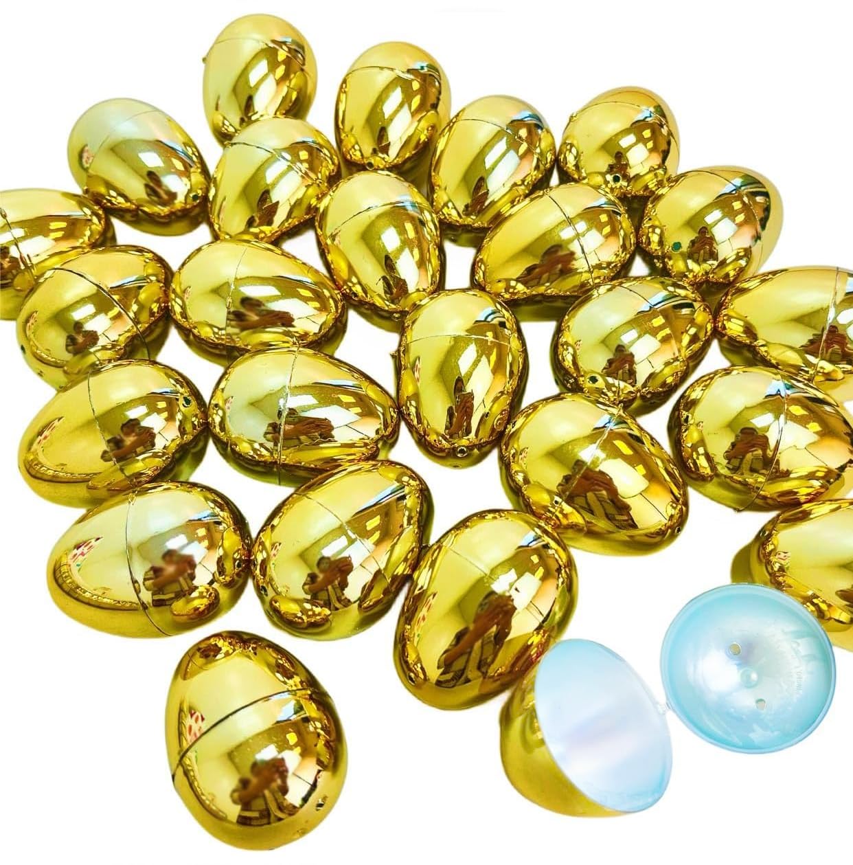 GiftExpressGold Easter Eggs - 50 Piece Bulk 2.3" x 1.75" Golden Metallic Plastic Eggs Hinged - Adult & Kid Party Toys for Gift Easter Baskets or Egg Hunt Decor