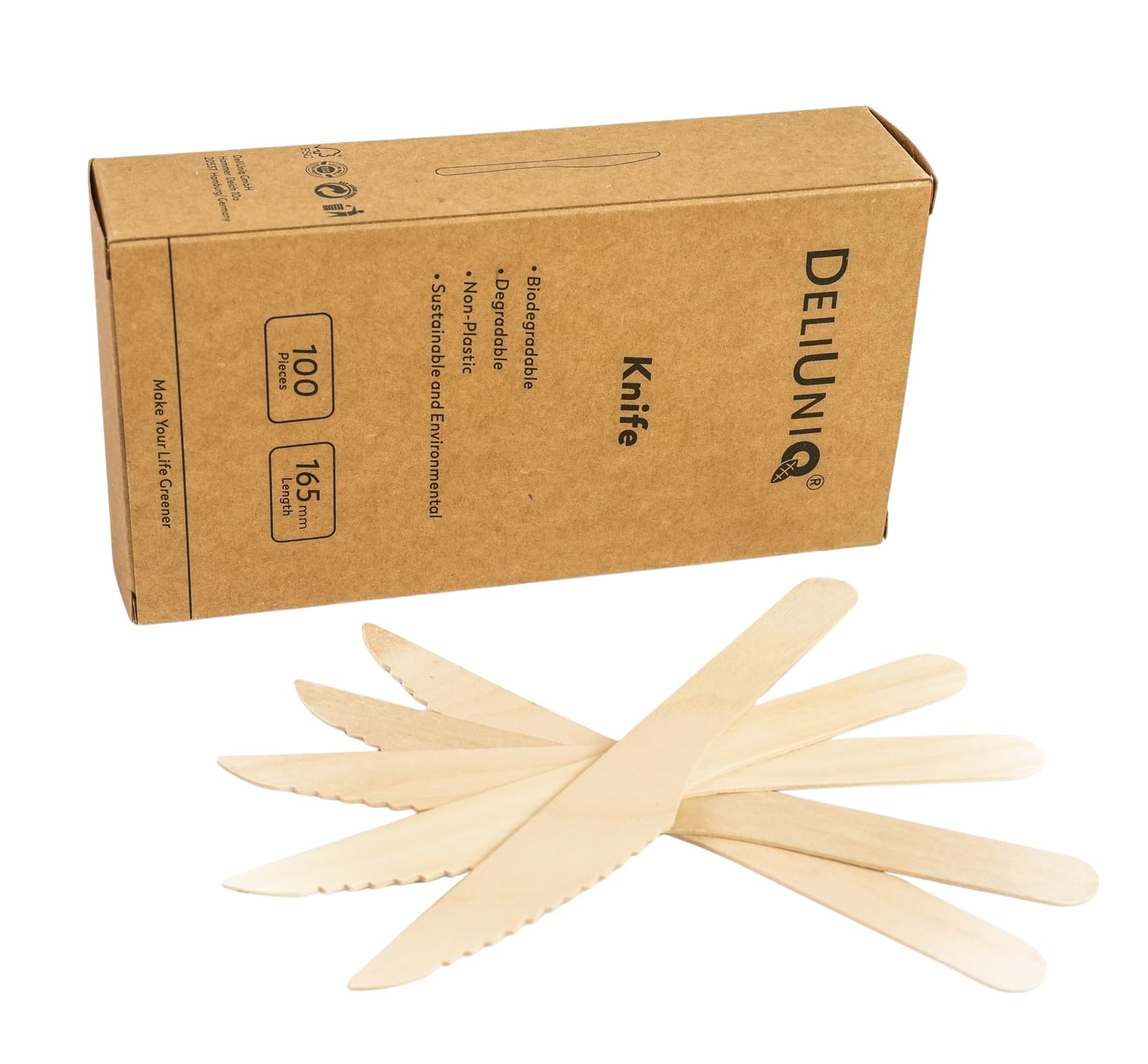 Einwegbesteck, 100 Holzmesser- umweltfreundliches nachhaltiges Besteck aus Birkenholz, Biologisch abbaubar, lebensmittelecht, Länge 165mm
