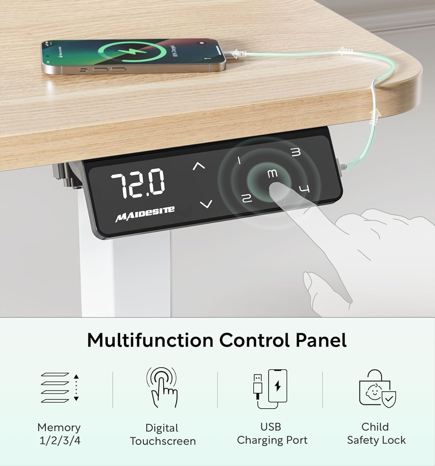 MAIDeSITe desk control panel with LED display, memory buttons, USB port, and child lock