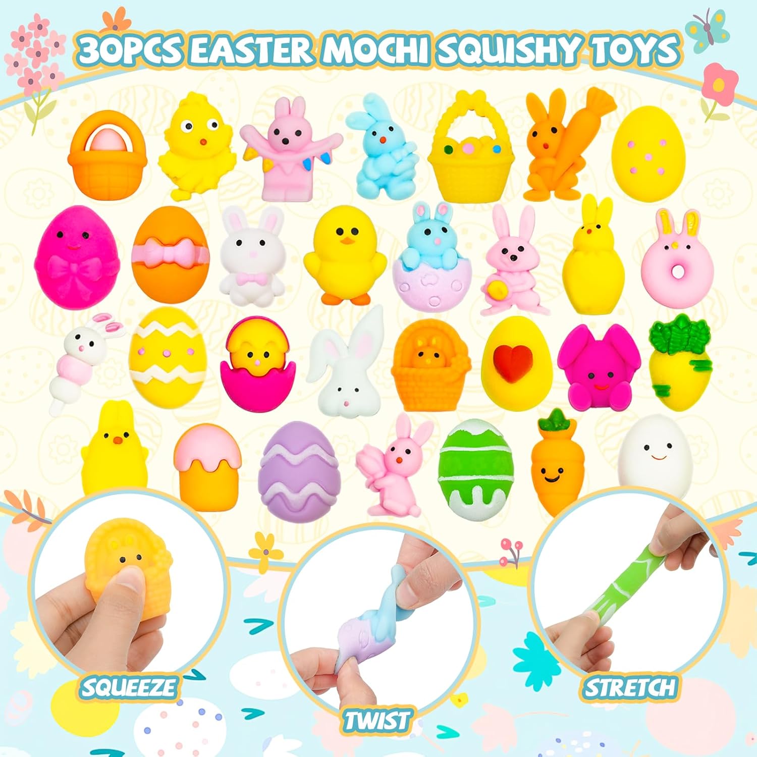 30PCS Prefilled Easter Eggs with Mochi Squishy Toys, Easter Squishies Stuffed Plastic Eggs for Easter Basket Suffers, Egg Fillers, Kids, Toddlers, Teens, Gifts, Classroom Prizes, Egg Hunt Game