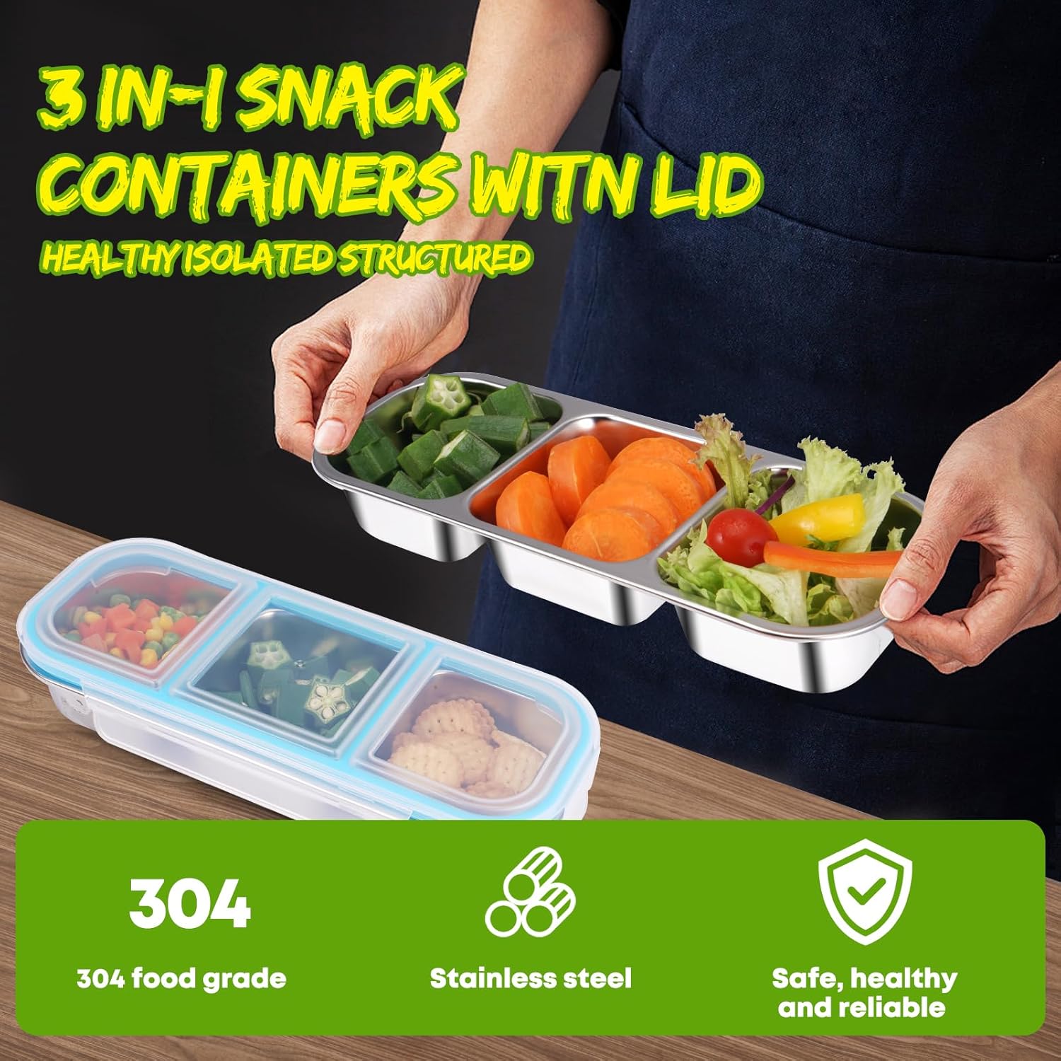 2 Pack Stainless Steel Snack Containers with Lids - Reusable 3 Compartment Snackle Box Container Divide Wet Dry Leakproof Metal Food Storage Containers for School, Home, Travel (Blue + Green) - Image 5