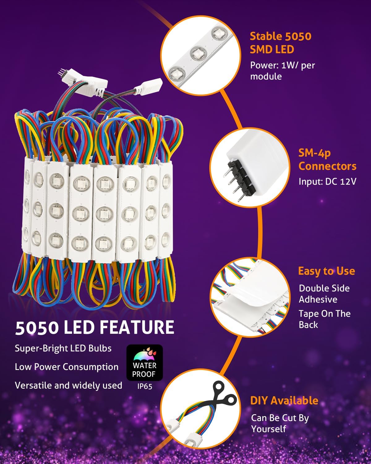WICHEMI 50FT LED Light Modules for Business Window Light Commercial Storefront Lights 100PCS LED Module for Signs 0.92W 3 LED 5050 SMD RGB Adhesive Waterproof Strip Lights for Store Advertising Décor