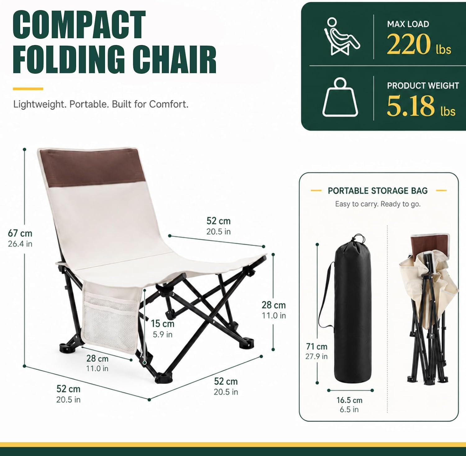 Karenhi 4 Pack Low Profile Beach Chairs with 3 Position Adjustable Back 300lb for Adult, Folding Lightweight Reclining Camping Chair with Storage Bag Compact Camp Lounge for Concert Lawn Picnic Travel