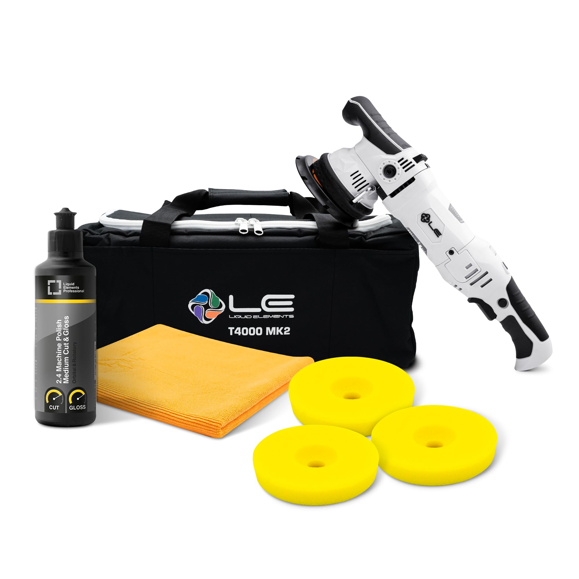 Liquid Elements – Auto Poliermaschine Set T4000 V2 MK2 EU + 3x Polierpads Medium Cut + 250ml Politur + Mikrofasertuch – 950W Exzenter Poliermaschine mit 15mm HUB für One-Step Polierverfahren