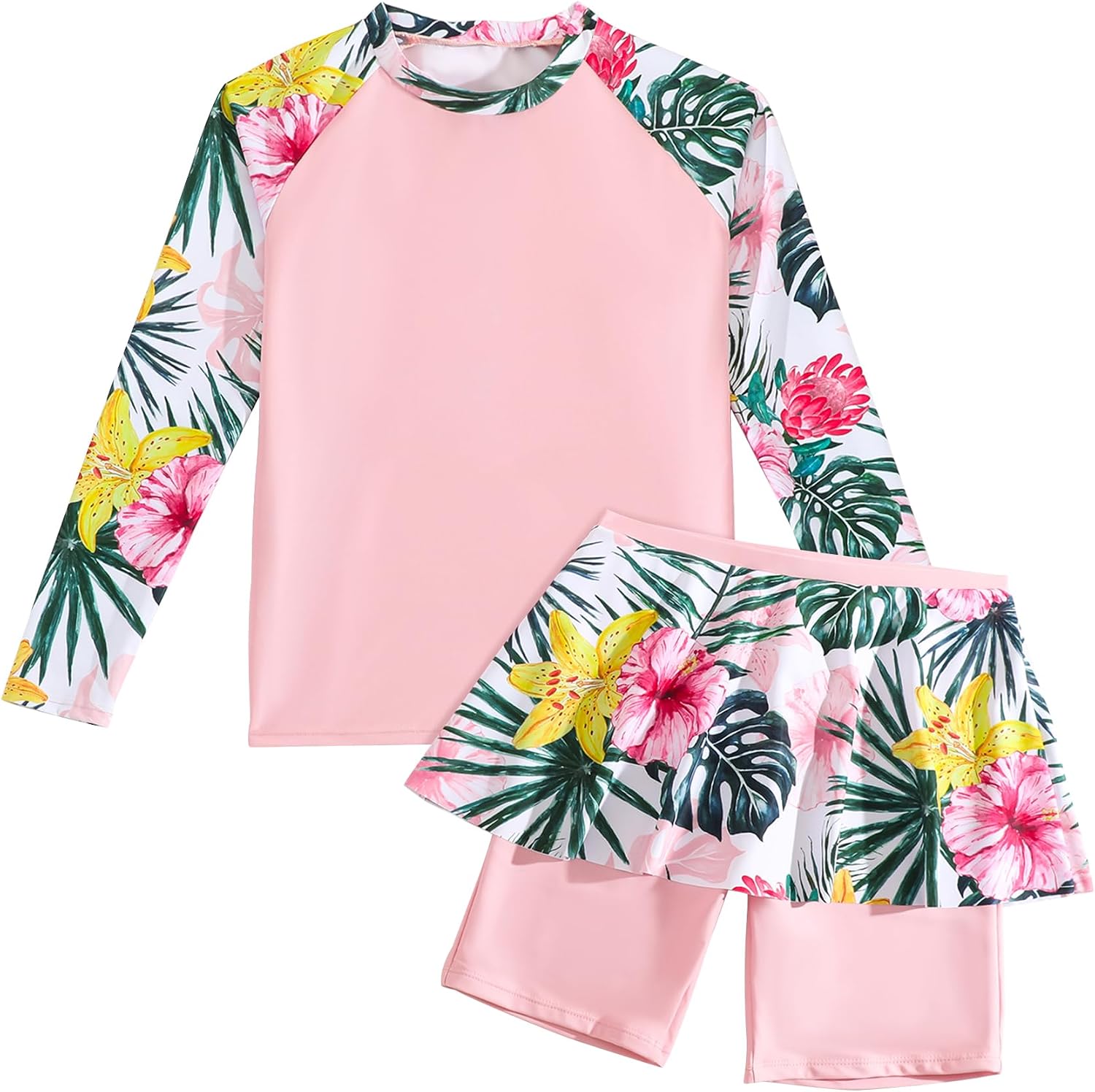 Girls Rash Guard 2 Pieces Bathing Suit Long Sleeve Swimsuit Swimming Skirt with Shorts Sun Protection Swimwear