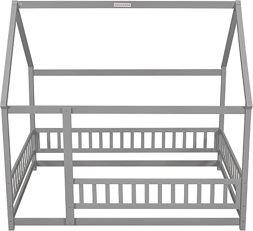 Miniatura 7 de Harper &amp; Bright Designs Cama de casa Montessori tamaño matrimonial con techo y valla, necesita somier, para niños, adolescentes, niñas y niños (gris)