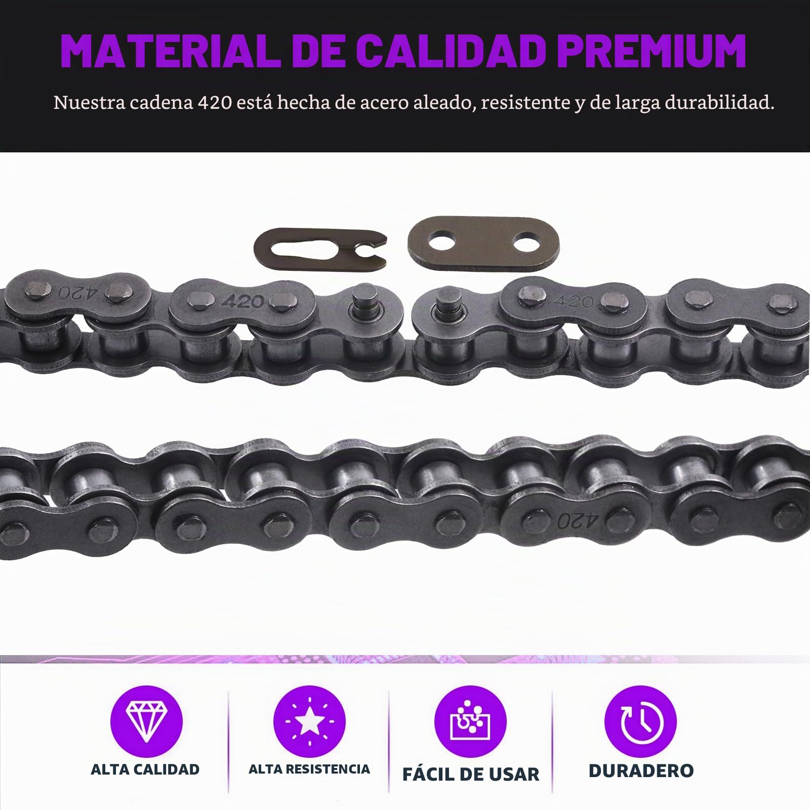 Sweet 2 cadenas 59" y 420 para motocicleta, 132 enlaces y trituradoras, juego de surtido de cadena de transmisión de acero al carbono, apto para motos 110 cc 125 cc Dirt Pit