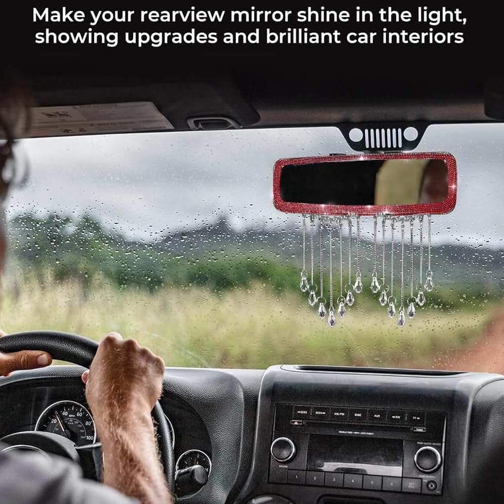 Bling Tassel Pendant Crystal 10.7 Inch HD Glass Wide Angle Car Rearview Mirror Clip-on Shiny Diamond Panoramic Interior Decorative Accessories (Red,Style1)