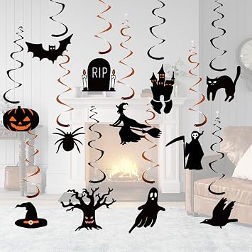 Halloween Decorations Indoor Outdoor Hanging Swirl - 24 PCS Hanging Halloween Decor Ceiling Streamers, Large Ghost Pumpkin Witches Swirls Decoration for Home Office Classroom Wall Party Favors