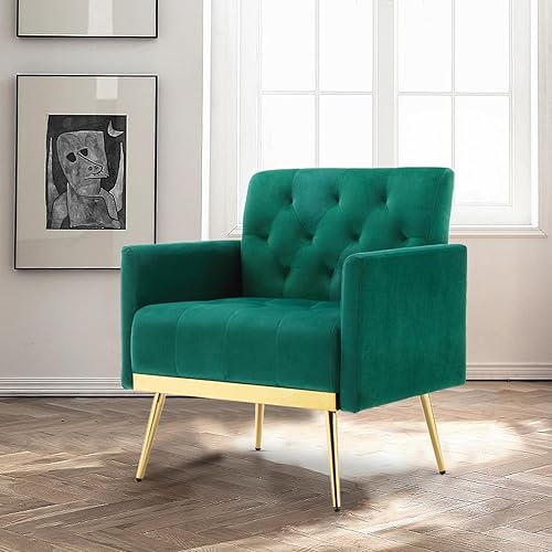 Miniatura 7 de Juego de 2 sillas decorativas de terciopelo, modernos sillones copetudos con botones y patas de metal, pequeñas y cómodas sillas tapizadas para sala