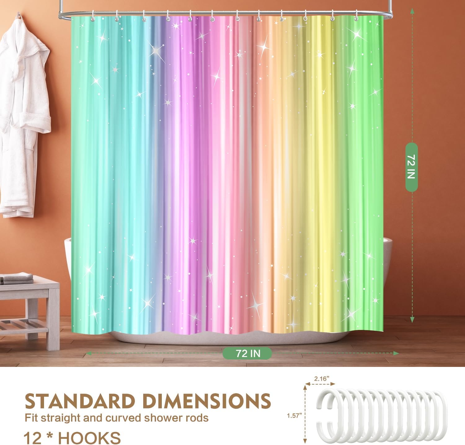 Lokigo Teal and Pink Shower Curtains for Bathroom, Ombre Colorful ​Cloth Fabric Shower Curtain Set with 12 Hooks, Light Blue Green Shower Curtain for Girls Kids, Ombre Pink Bathroom Decor 72 x 72