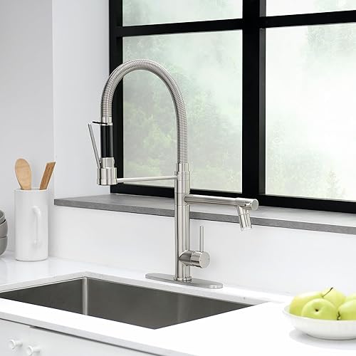 Miniatura 6 de GIMILI Grifo de cocina con rociador extraíble, grifo de cocina comercial con LED de doble cabezal de una sola manija de resorte de acero inoxidable