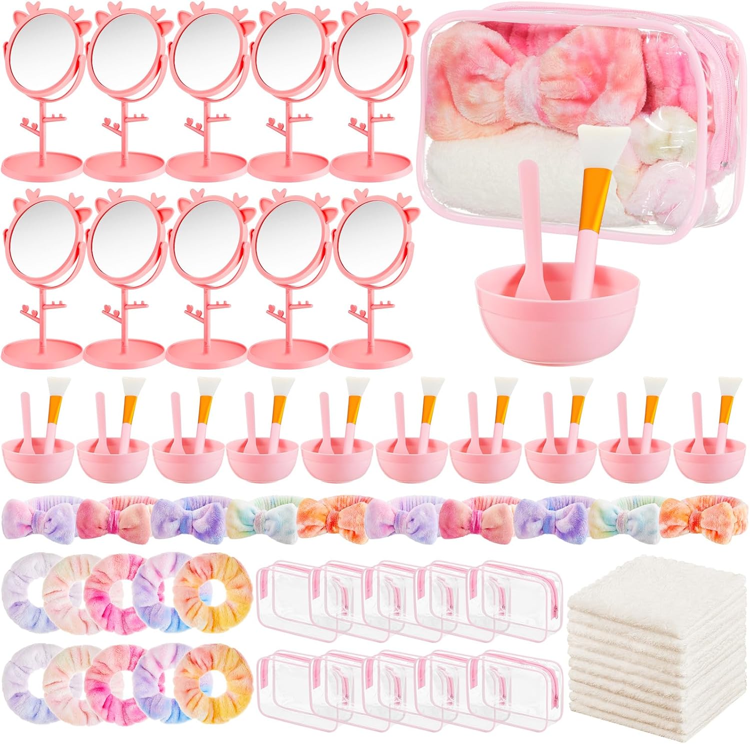 10 Set Spa Sleepover Party Supplies Bulk, Include Face Mask Mixing Bowl Set, Mirror, Headband, Scrunchies, Cosmetic Bags, Face Wash Cloths for Spa Birthday Party (Tie Dye Color)