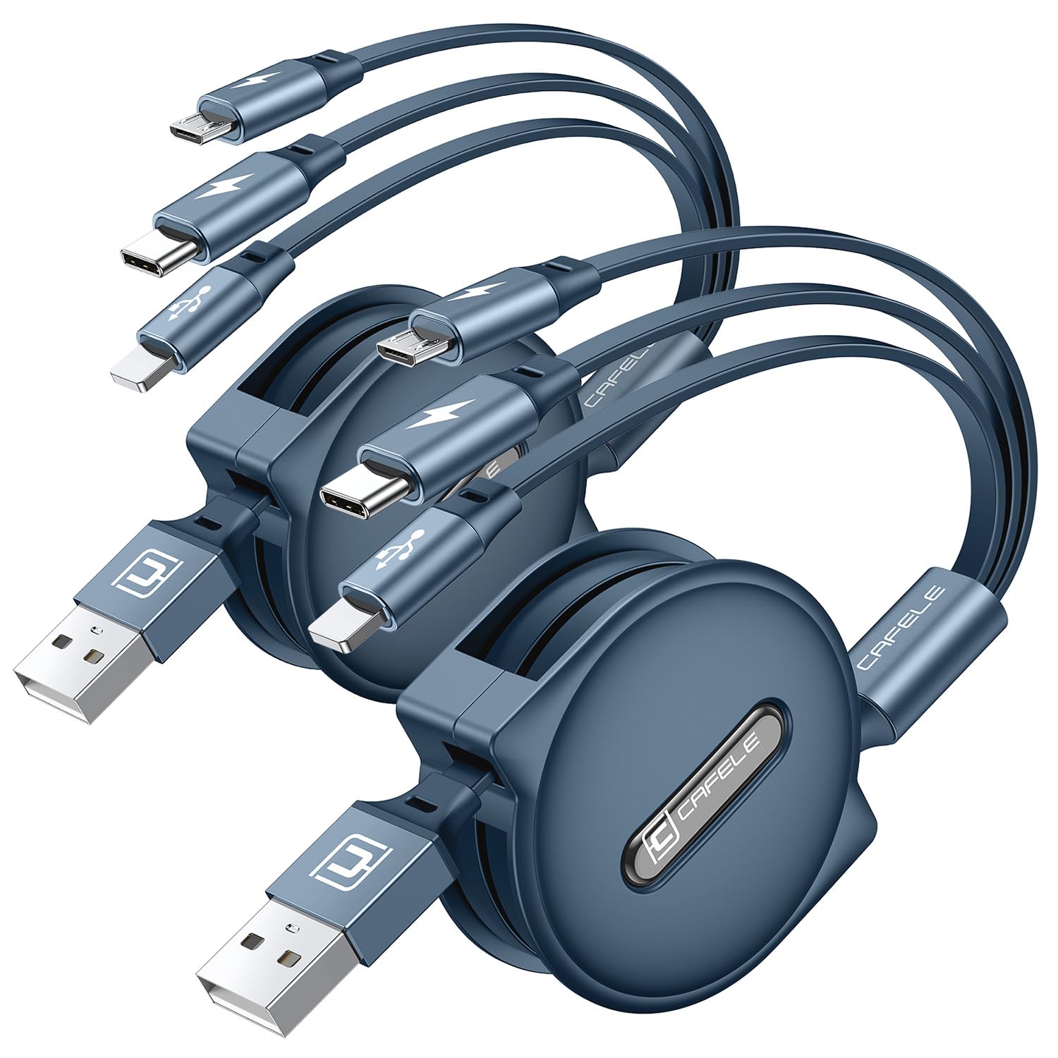 CAFELEMulti Charging Cable【Portable Charging】 3in1 Retractable Charger Cable with Type C/Micro USB/IP, 3 Way Multiple Phone Charger Cord for Phone 14 13 12 11, Samsung S23 S22 S21 S20 (4ft)-Blue