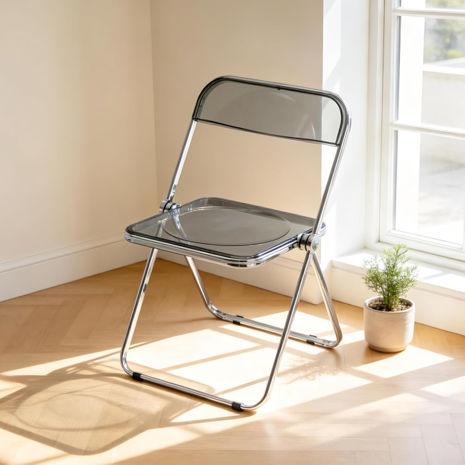 Acrylic Folding Chair, Transparent Stackable Chair with Chrome Frame, Modern Plastic Chair for Desk, Dining, Party, Office, Indoor & Outdoor Event Seating (Grey)