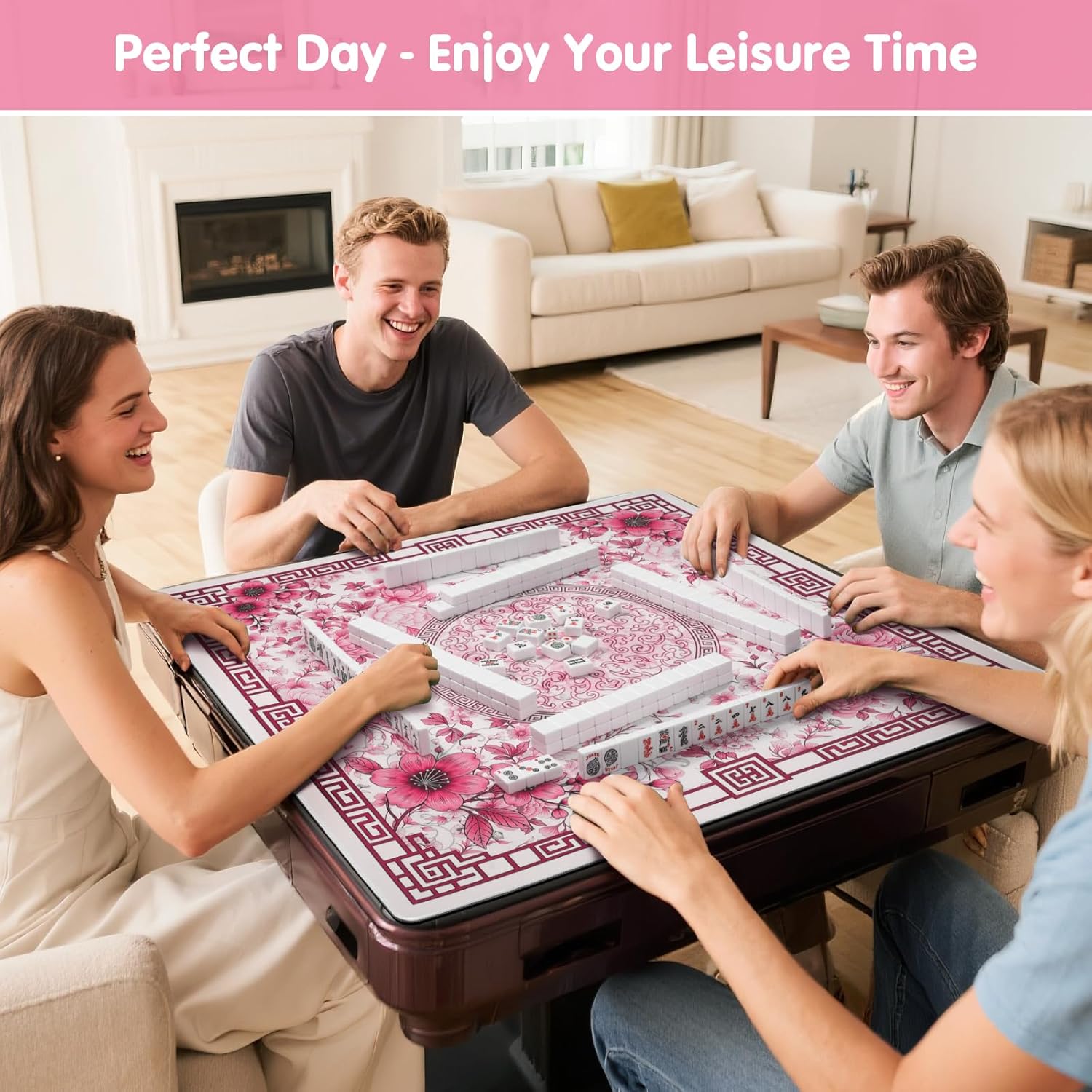 mahjong mat for table 33x33 inch, no-crease, anti-slip, noise-reducing american mahjong mat, mahjong table mat with carry bag, neoprene mahjong mat for poker, card, board(pink) red 33 inch