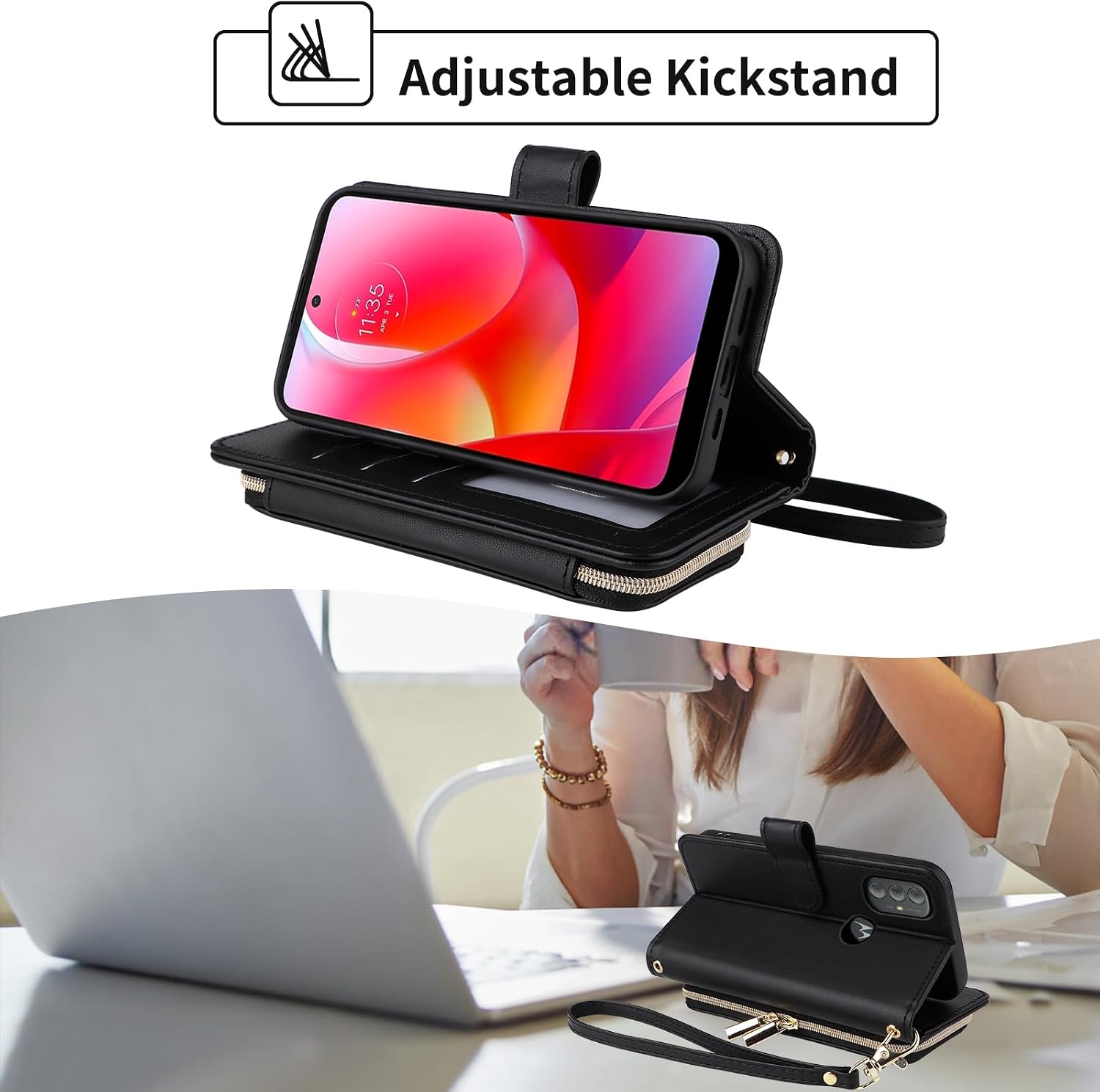 Condition photo showing New/Like New for argyle wallet case for motorola moto g power 2022/motog play 2023/g pure 2021 with wrist strap shoulder strap zipper purse, stand phone cover for xt2165dl xt2163dl xt2165-5 xt2271-5 black black for g power 2022/g play 2023/g pure