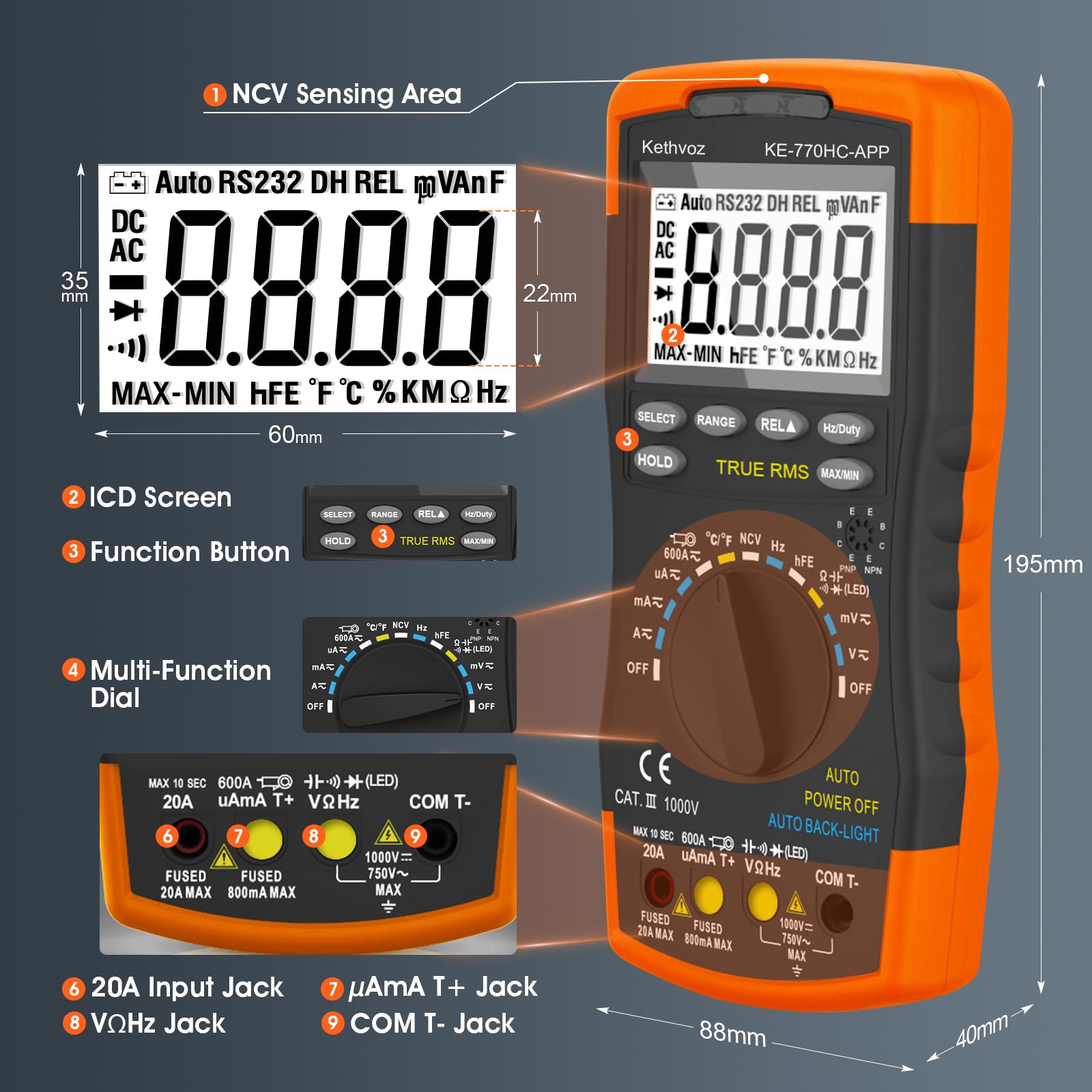 Mini Multimètre Numérique TRMS 6000Compteurs AC DC Ampèremètre, GR-39C