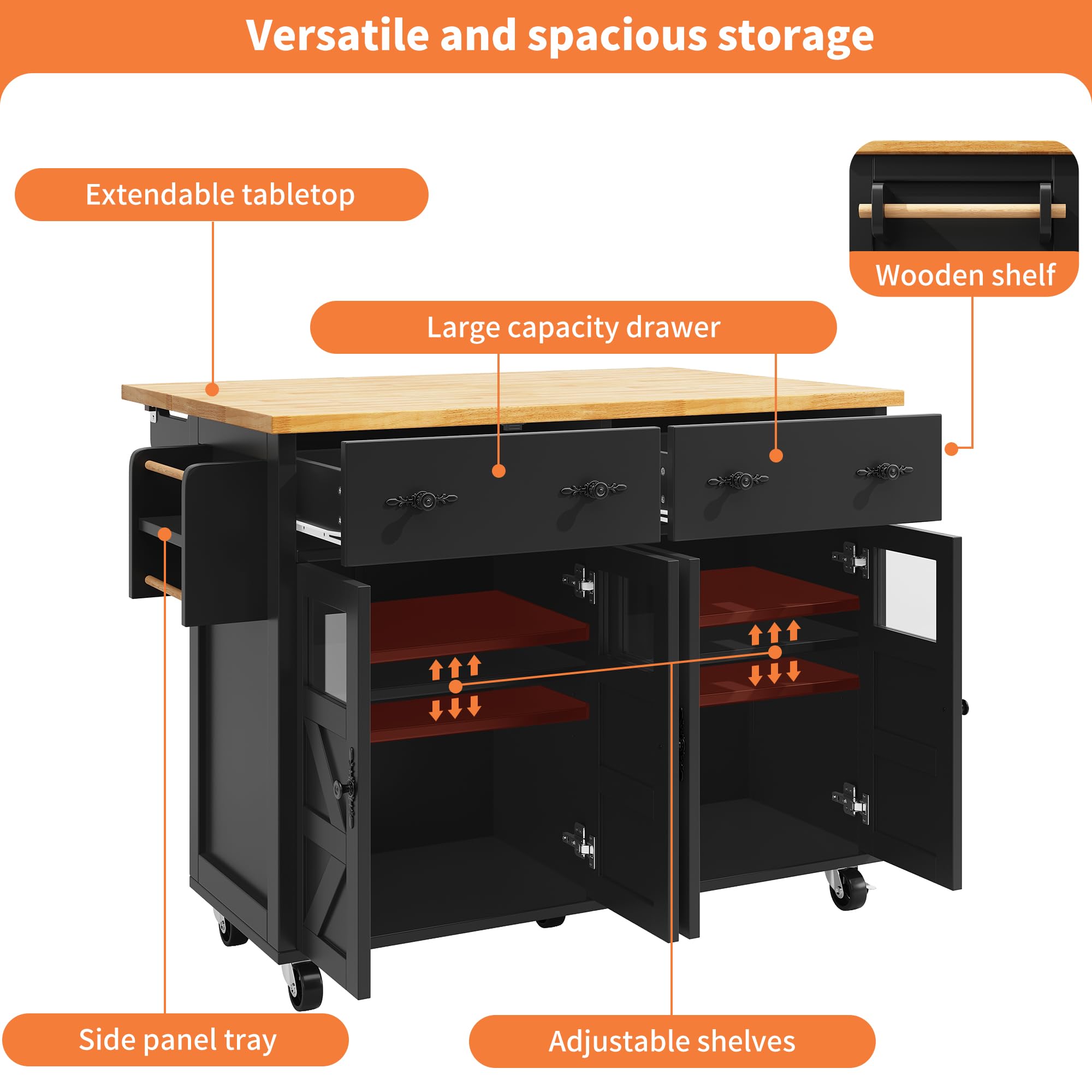 Carrito de cocina multifuncional con gran espacio de almacenamiento, plegable, con frenos