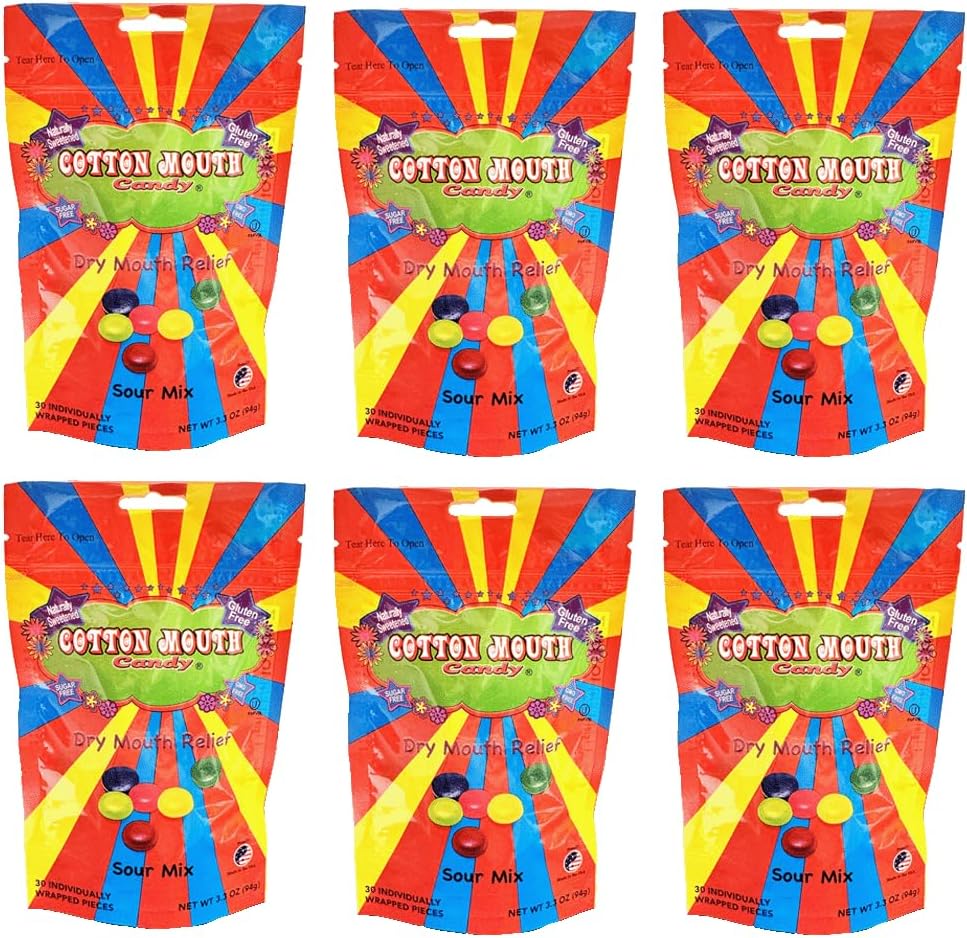 Cotton Mouth Candy Dry Mouth Relief Sour Mix 3.3 Ounce Bag (6 Bags) | Relieves Dry Mouth & Increases Saliva Production, Sugar Free, Gluten Free, Delicious Sour Flavor, Individually Wrapped, 30 Ct