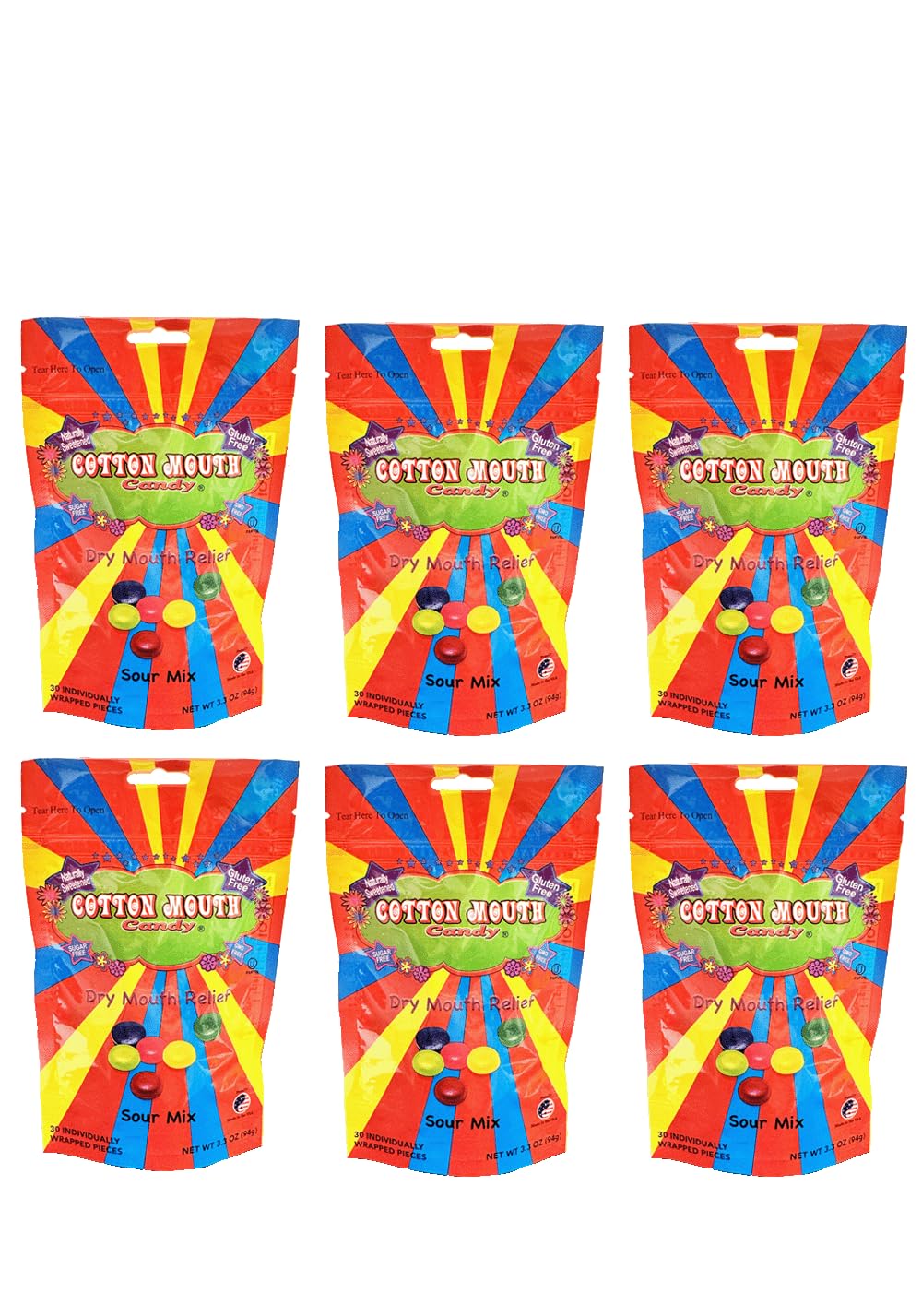 Cotton Mouth Candy Dry Mouth Relief Sour Mix 3.3 Ounce Bag (6 Bags) | Relieves Dry Mouth & Increases Saliva Production, Sugar Free, Gluten Free, Delicious Sour Flavor, Individually Wrapped, 30 Ct