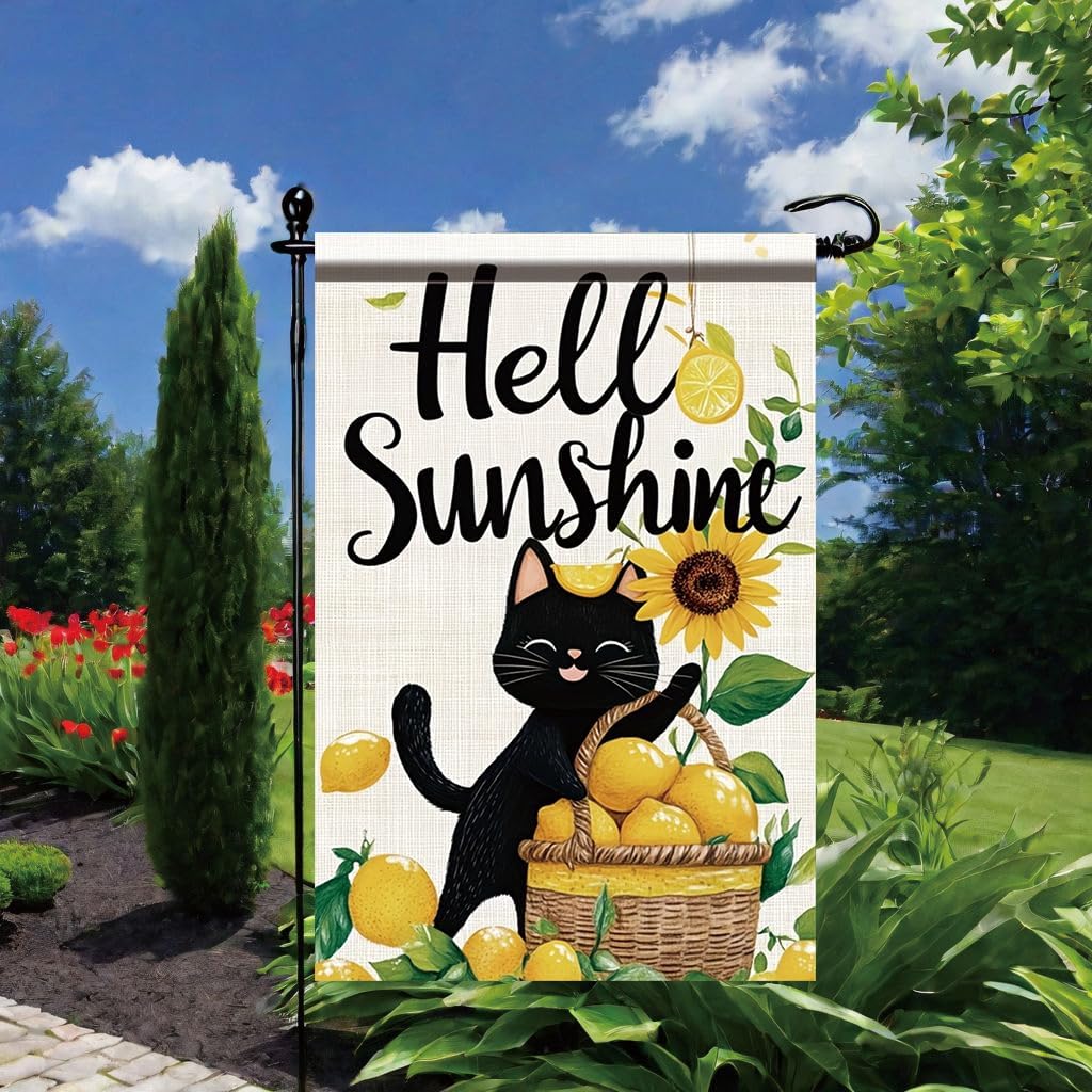 Hello Sunshine Cat Garden Flag 12x18 Inch Double Sided Outdoor Yard Banner Black Cat Lemon Basket Sunflower Design Summer Welcome Decoration for Porch Patio Lawn Garden Home Decor - Image 6