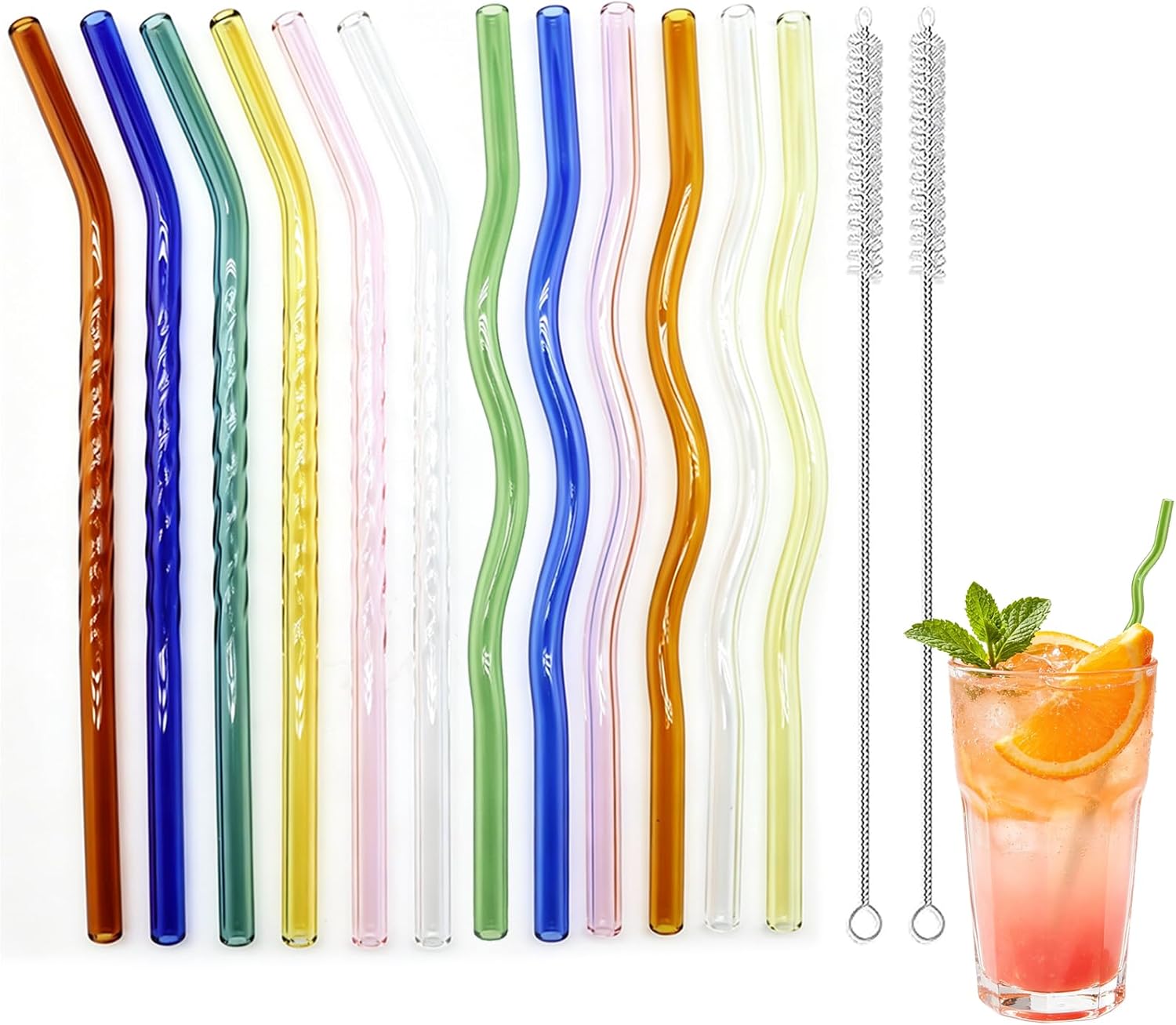 12 Pack Reusable Clear Glass Straws, Colorful Wavy, With 2 Cleaning Brushes