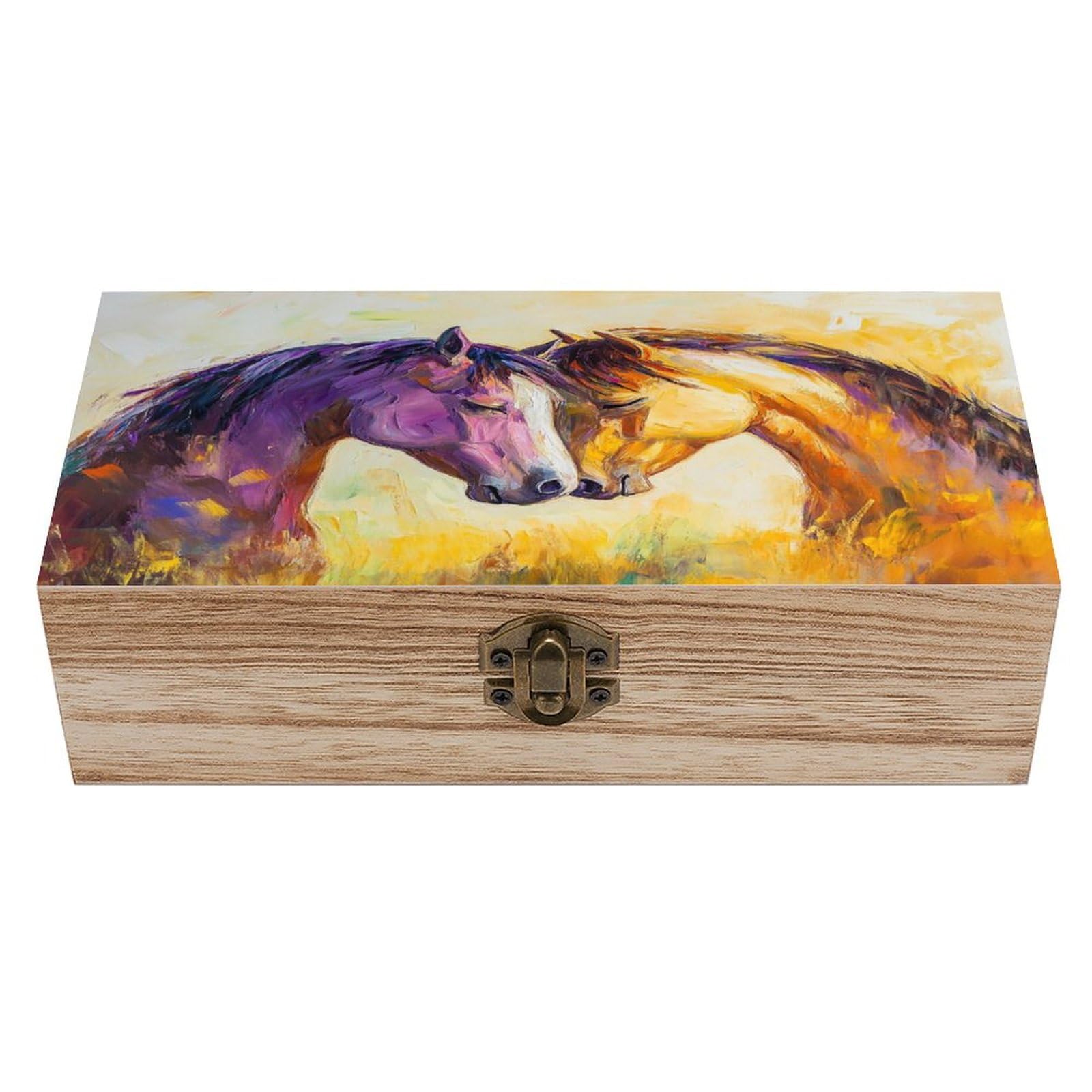 Ahdyr Beautiful Horses in Love Wooden Storage Box with Hinged Lid And Front Clasp Large Keepsake Box