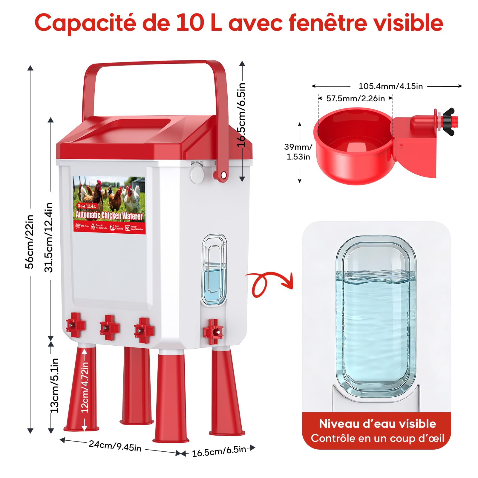 Bebedero Gallinas Automático 10 litros con Pies, 8 Cuencos, Flotador Filtrado Controlado