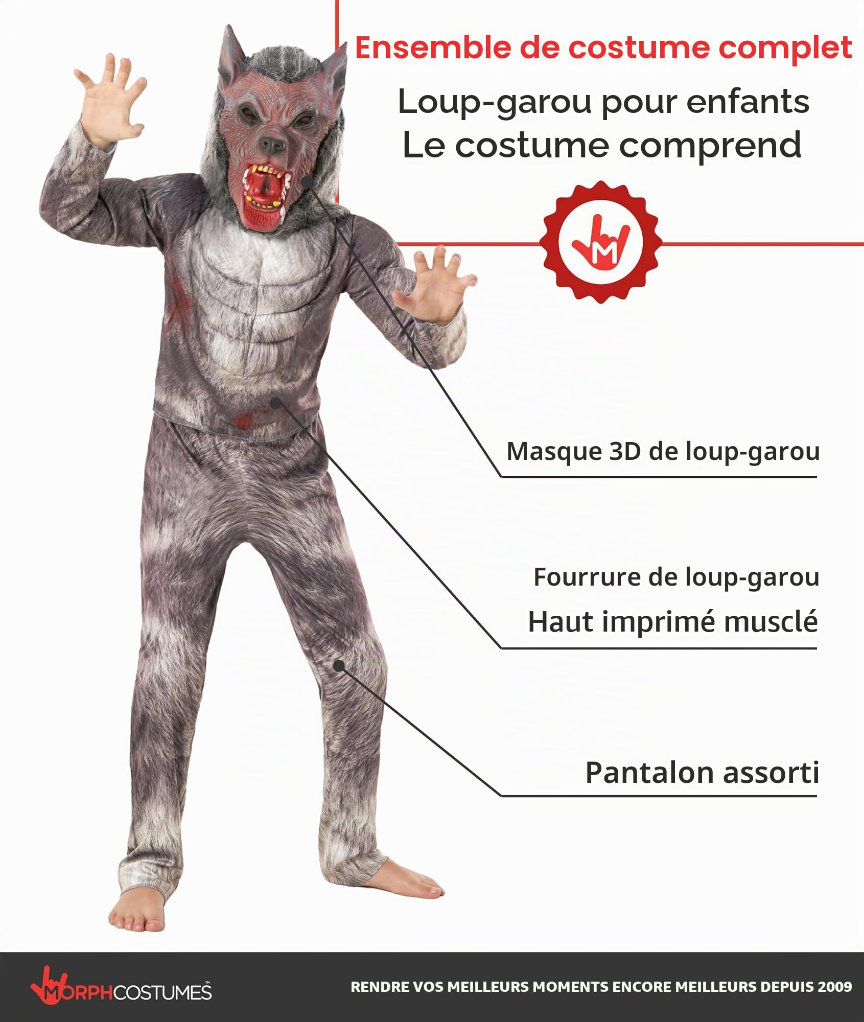 Morph Deguisement Loup Garou Enfant, Costume Halloween Enfant, S